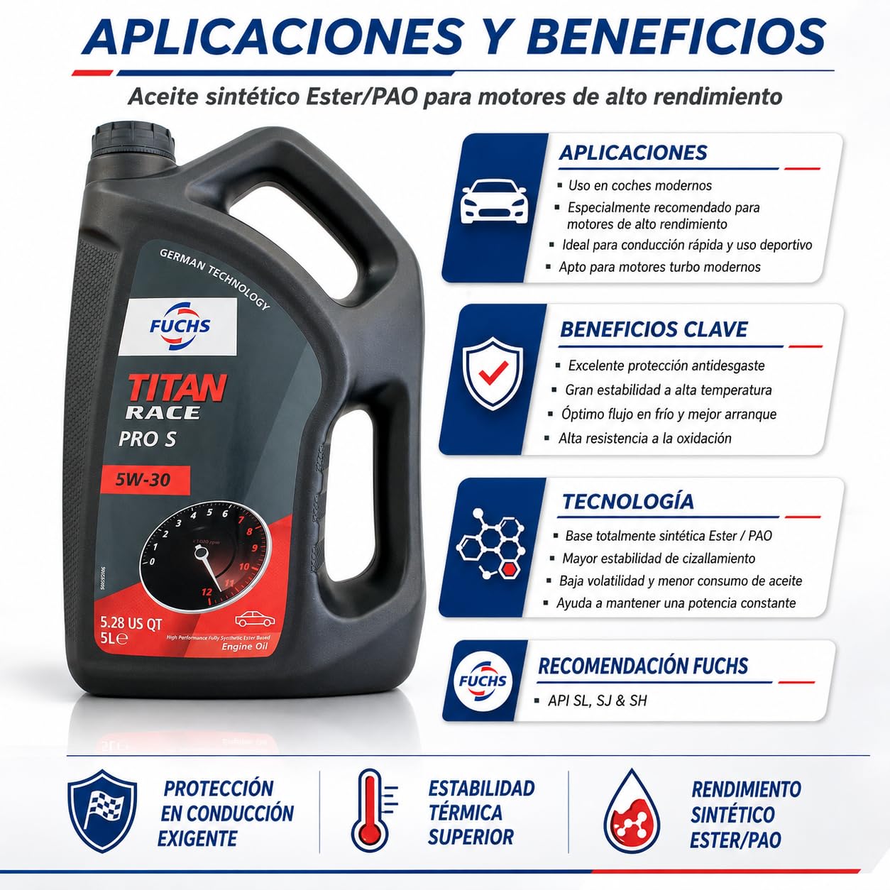 FUCHS TITAN RACE PRO S 5W-30 Aceite Motor 5L, 100% Sintético Ester/PAO, Alto Rendimiento, Protección Antidesgaste, Estabilidad a Alta Temperatura, Motores Deportivos y Turbo