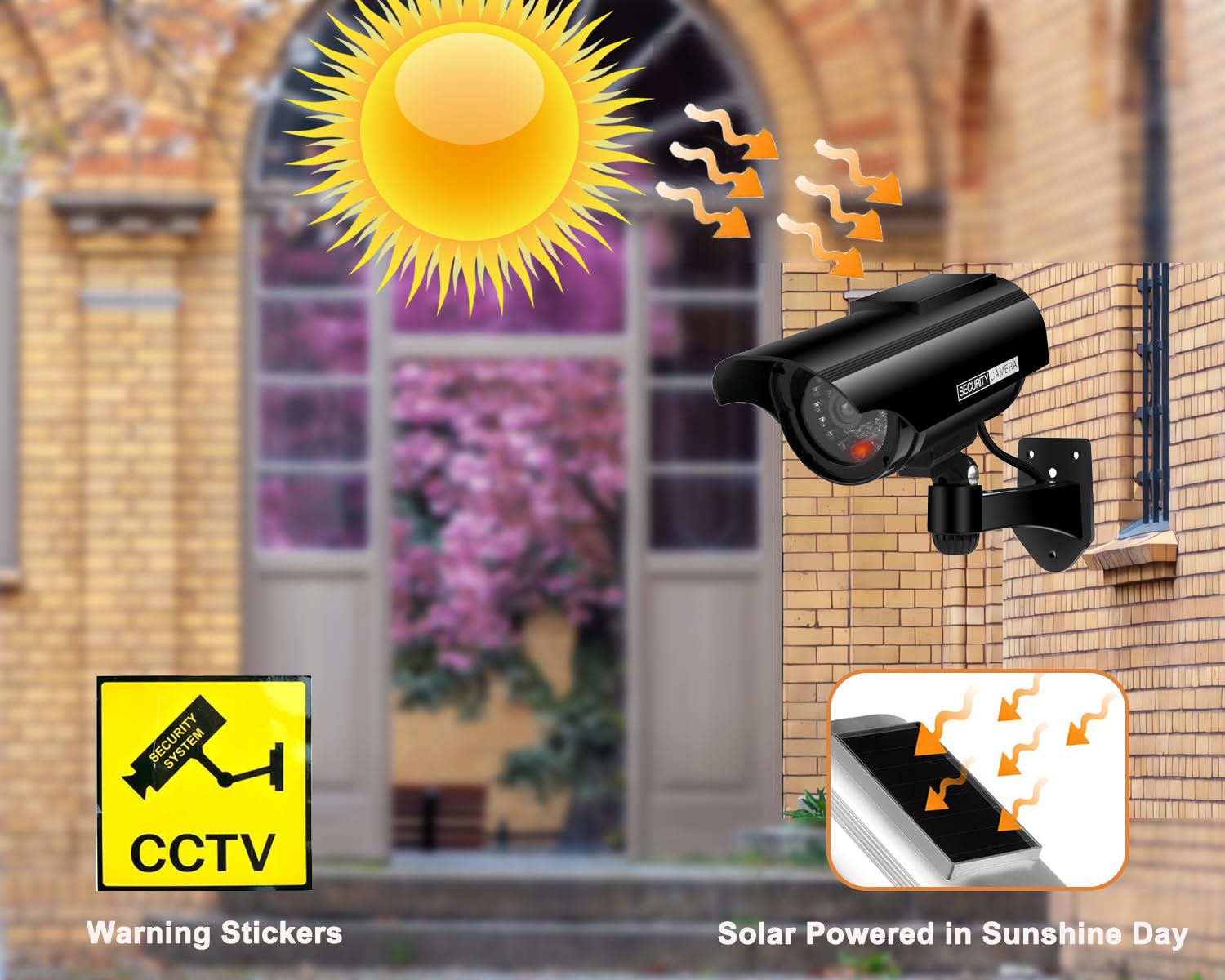 Cámara Ficticia CCTV con Energía Solar Cámara de Vigilancia Falsa Ficticia, Cámara de Vigilancia CCTV Falsa Realista con LED Parpadeante, para Interior y Exterior (Negro-2)