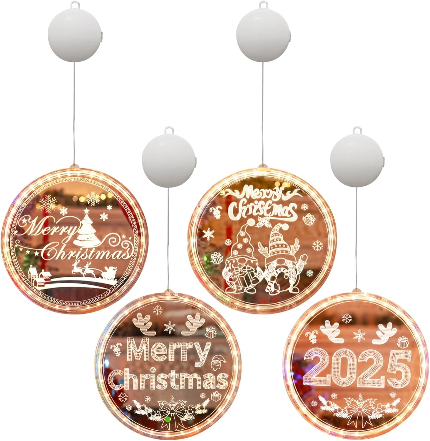 Suction Cup Christmas Lights, Acrylic Circle Window Cling Decor, Battery Operated Led Santa Snowman Tree Bell, Holiday Hanging Ornaments