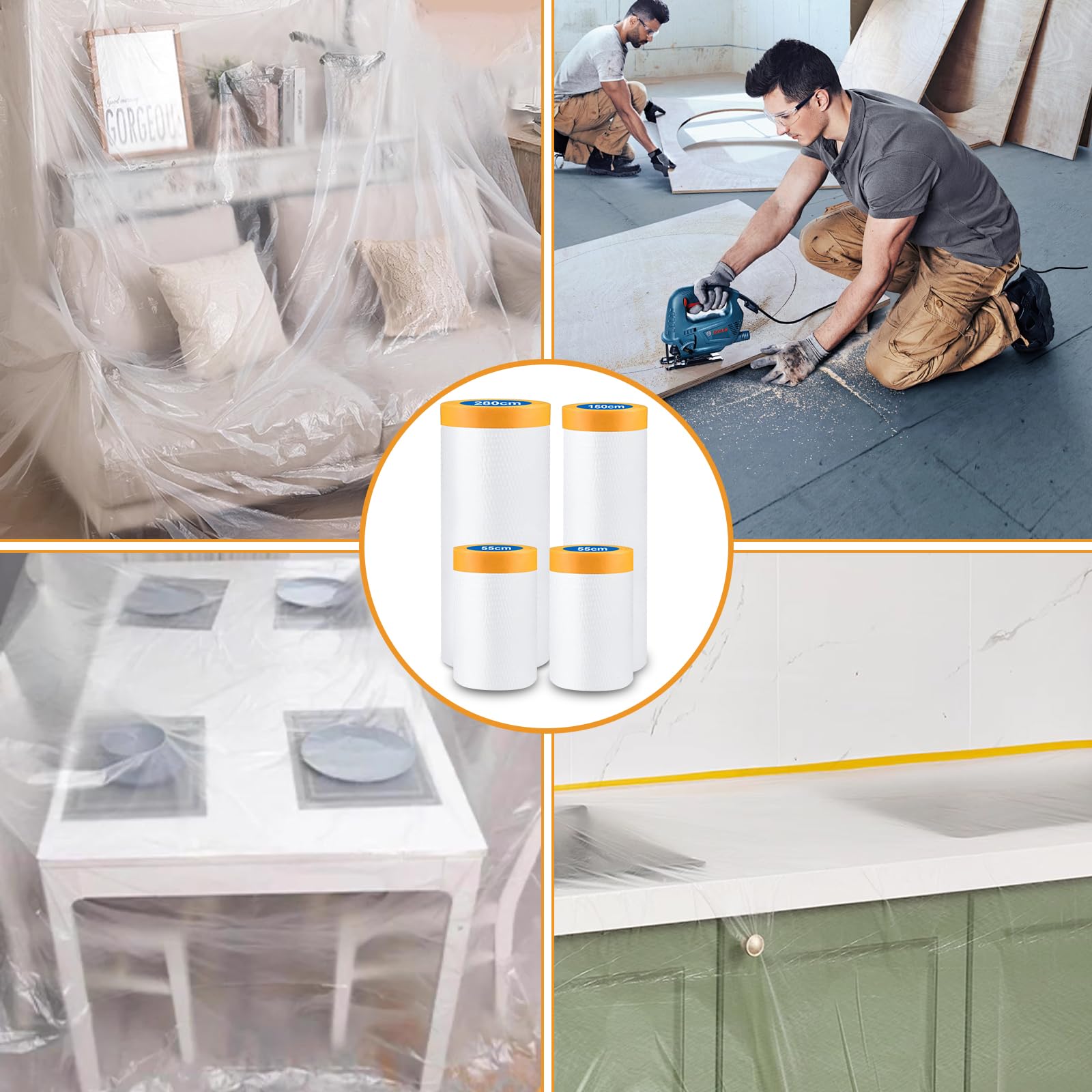 80m-4 Rotoli Teli Copritutto per Imbianchino,Telo Plastica Copritutto con Nastro Carta,3 Taglie Plastica Telo di Copertura con Biadesivo,280CMx20M,150CMx20M,55CMx20M