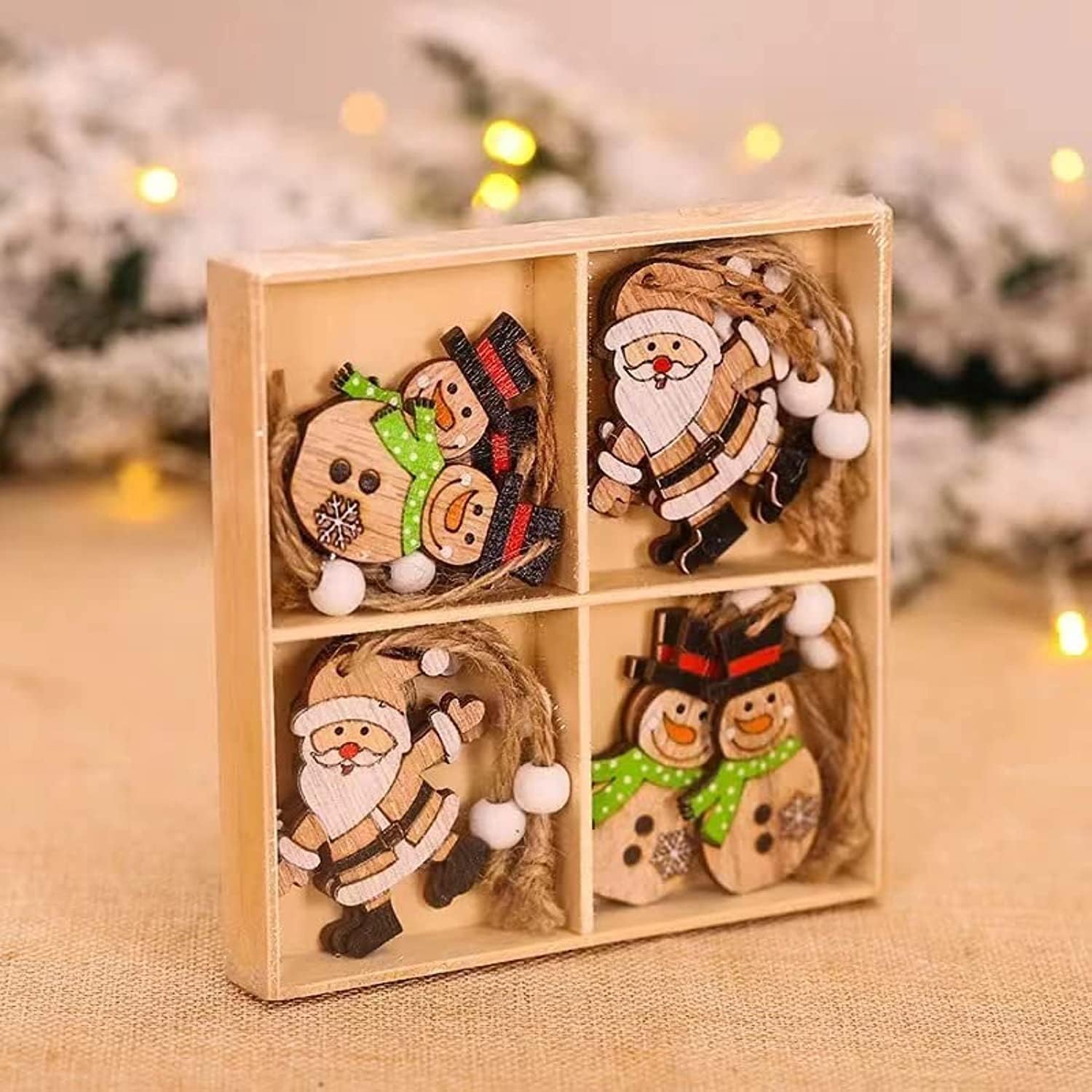 PETSARY 12 PCS Santa Snowman Wooden Sustainable Ecofriendly, Christmas Ornaments Set Christmas Decor Tree Kit, Wood Christmas Hanging Decorations for Xmas Decor Tree with Wood Storage Box