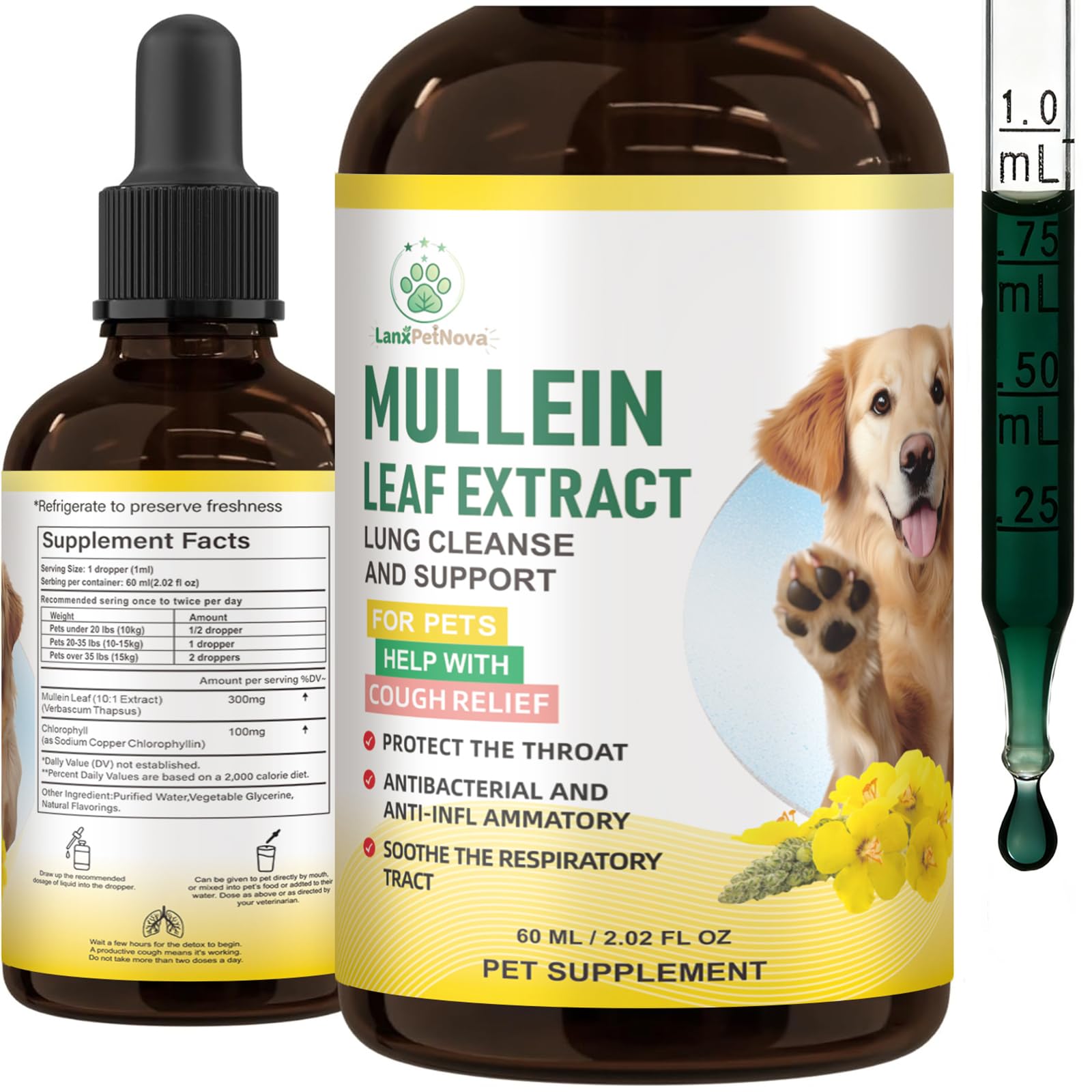 Gotas de verbasco para Apoyo pulmonar y Tos en Perros y Gatos. Alivia Tos de Perrera, Tos Seca y húmeda, Limpia pulmones, Calma Dolor de Garganta y facilita la respiración, 100% Extracto Vegetal Puro
