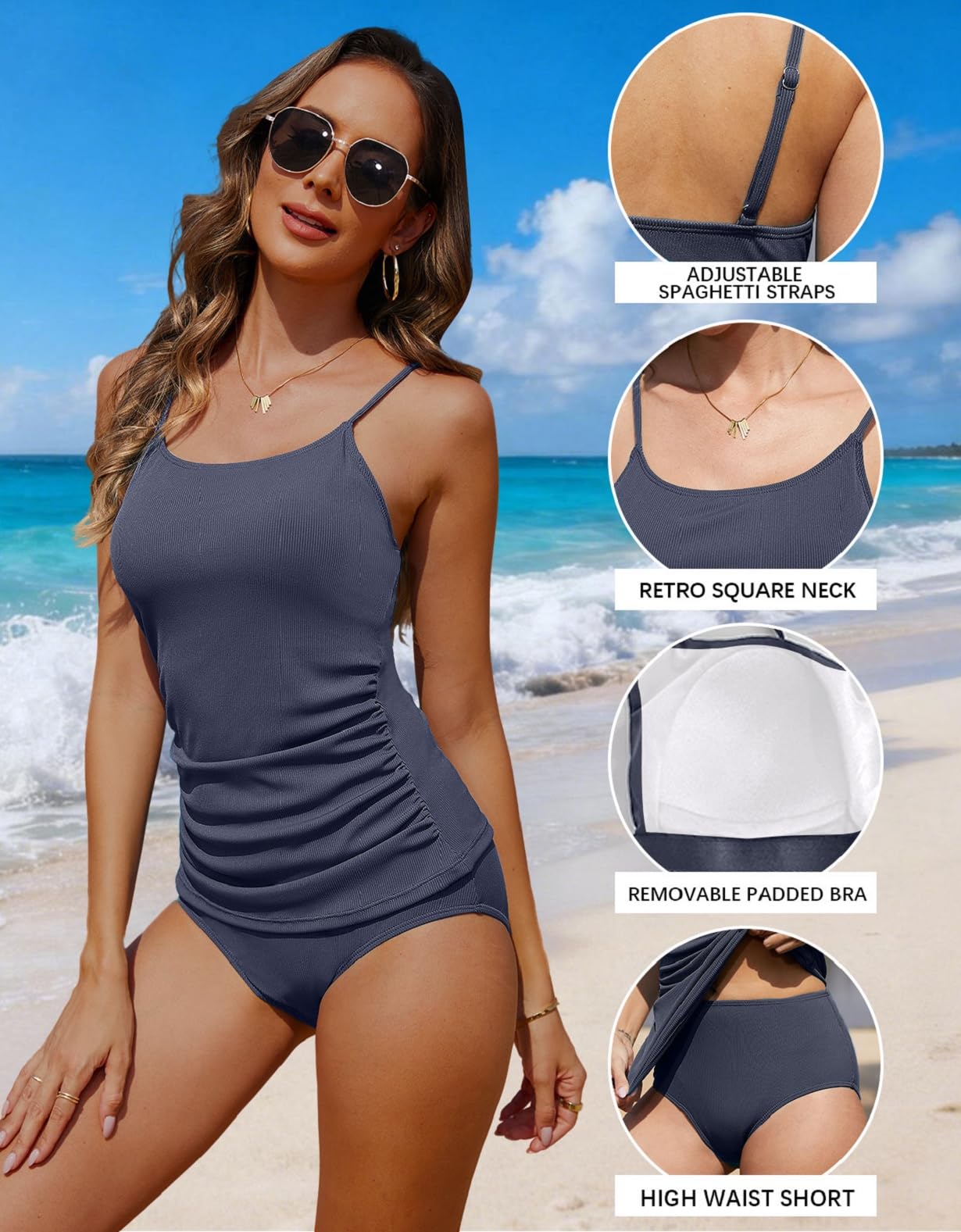 Yutdeng Tankini Mujer Reductor Barriga Bañador Dos Piezas Push Up con Relleno Tankinis Braga Bikini Vientre Plano Traje de Baño Mujer 2 Piezas Ropa de Baño Tallas Grandes Bañadores Reductores — view 4