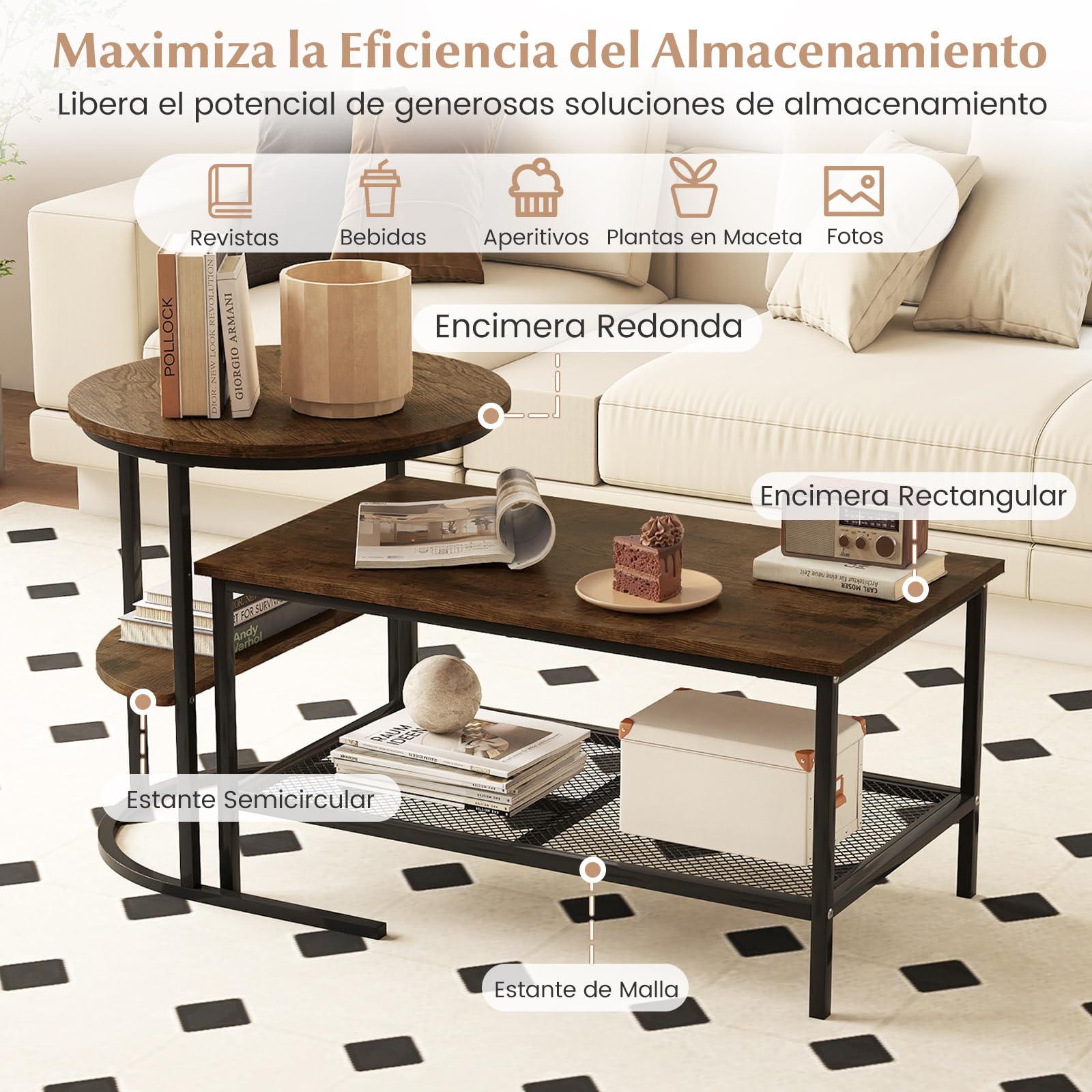 COSTWAY Juego de Mesa de Café 2 en 1, Mesa Redonda y Juego de Mesita Rectangular con Tapa de Mármol Sintético y Estante de Almacenamiento Adicional, para Sala de Estar, Dormitorio (Negro y Marrón)