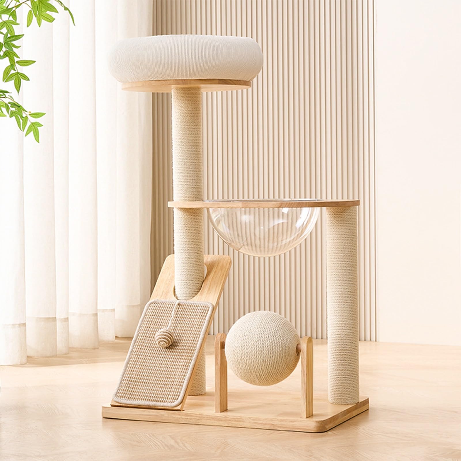 Torre per Gatti Moderna dal Pavimento al Soffitto, Tiragraffi in Legno a 3 Livelli con Palline di Canapa Sisal, Rampa Tiragraffi, Letto e Capsula Spaziale