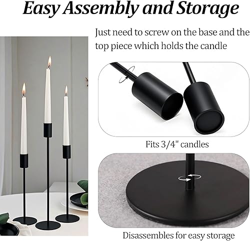 Miniatura 5 de Juego de 6 portavelas cónicos negros, portavelas de metal negro, portavelas alto, se adapta a velas LED y velas LED de 34 pulgadas de grosor, para