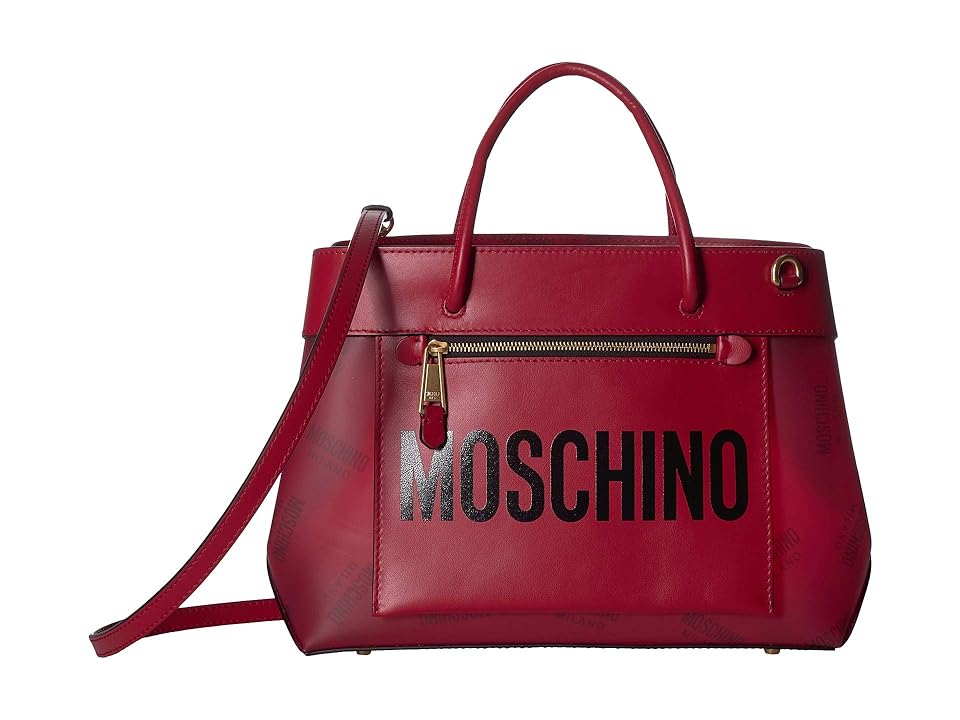 

Moschino Front Zip All Over Logo Satchel (Red Eco-Leather) Handbags