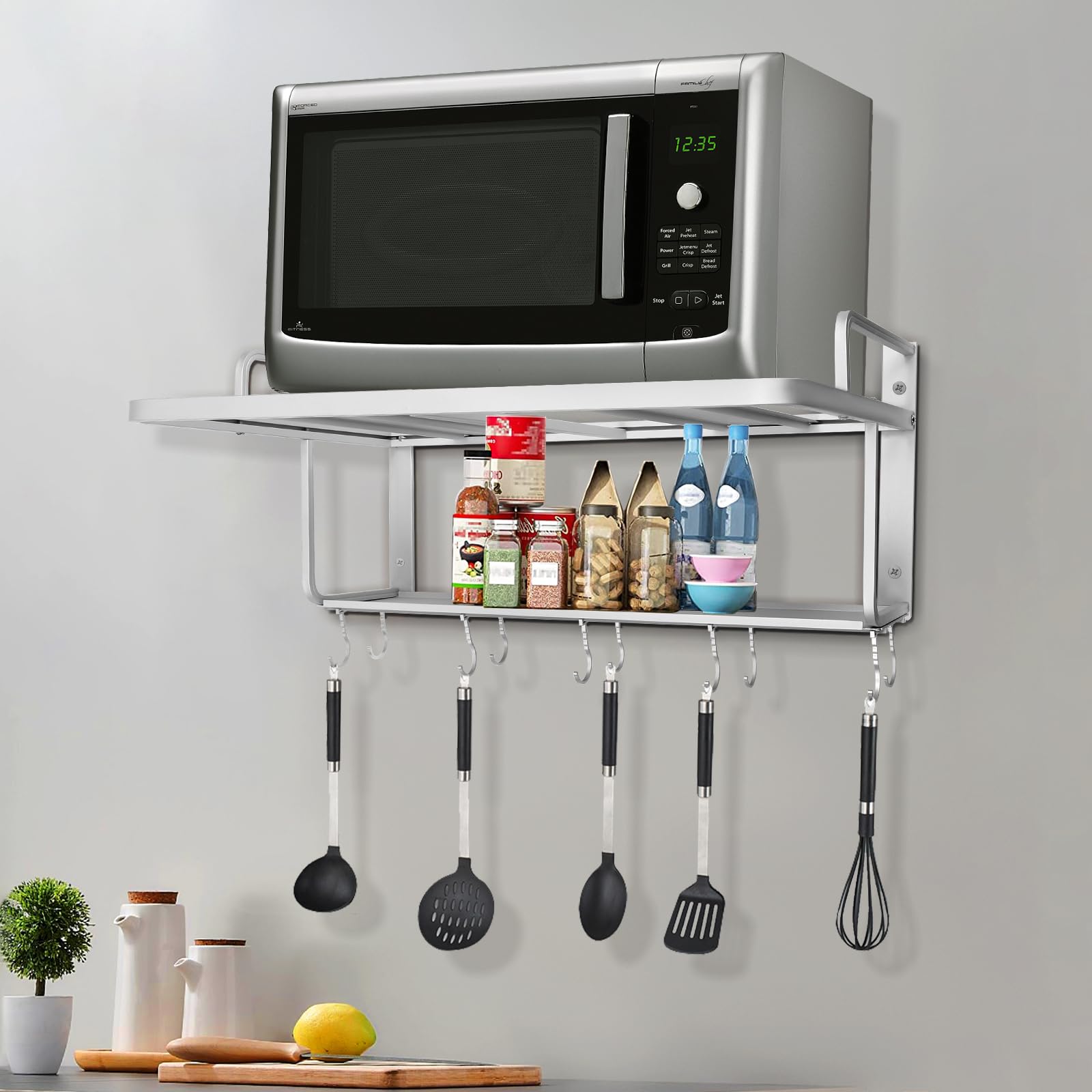 Estantería colgante para microondas, 2 niveles, soporte de pared con 10 ganchos y laminados móviles, estante de metal para microondas, soporte para cocinas, garajes, lavanderías