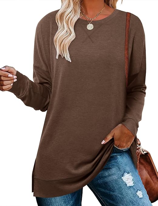 BETTE BOUTIK Women's Drop Long Sleeve Sweatshirts Casual Crewneck Tunic Tops Sweartshirts With Side Slits S-3XL