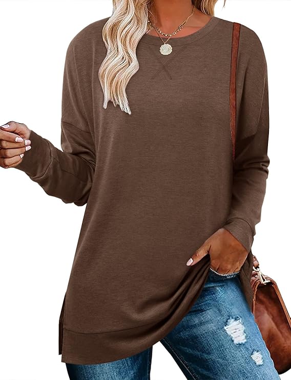 BETTE BOUTIK Women's Drop Long Sleeve Sweatshirts Casual Crewneck Tunic Tops Sweartshirts With Side Slits S-3XL
