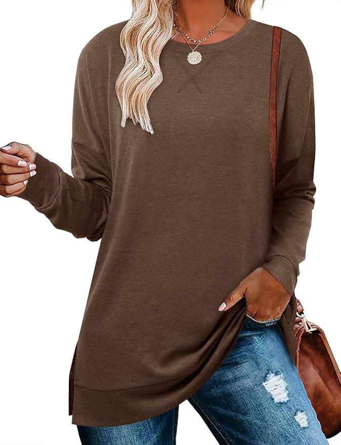 BETTE BOUTIK Women's Drop Long Sleeve Sweatshirts Casual Crewneck Tunic Tops Sweartshirts With Side Slits S-3XL