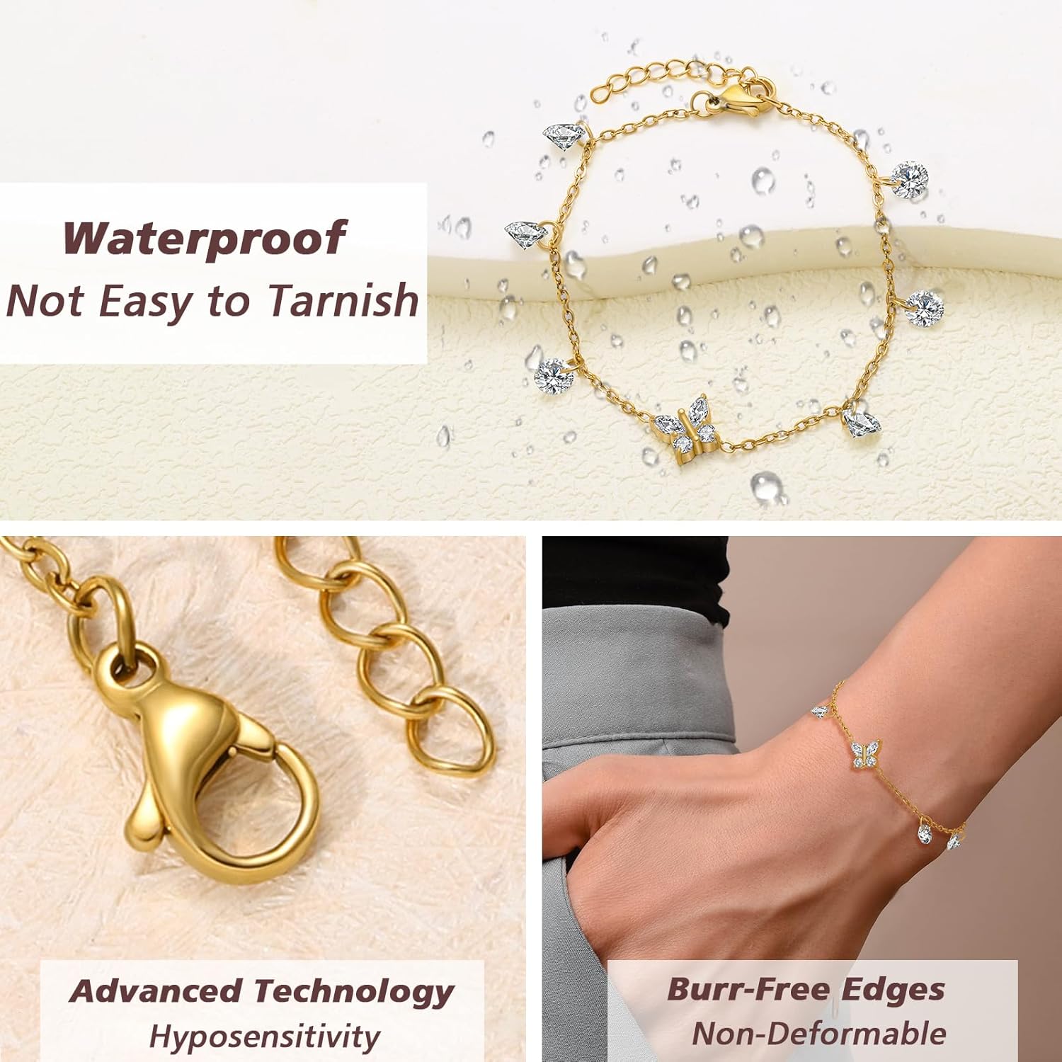 Butterfly Bracelet Surgical Steel 14K Gold Plated Bracelet for Women Tennis Adjustable Bracelets Cute Link Bracelets Hypoallergenic CZ for Trendy Women - Image 5