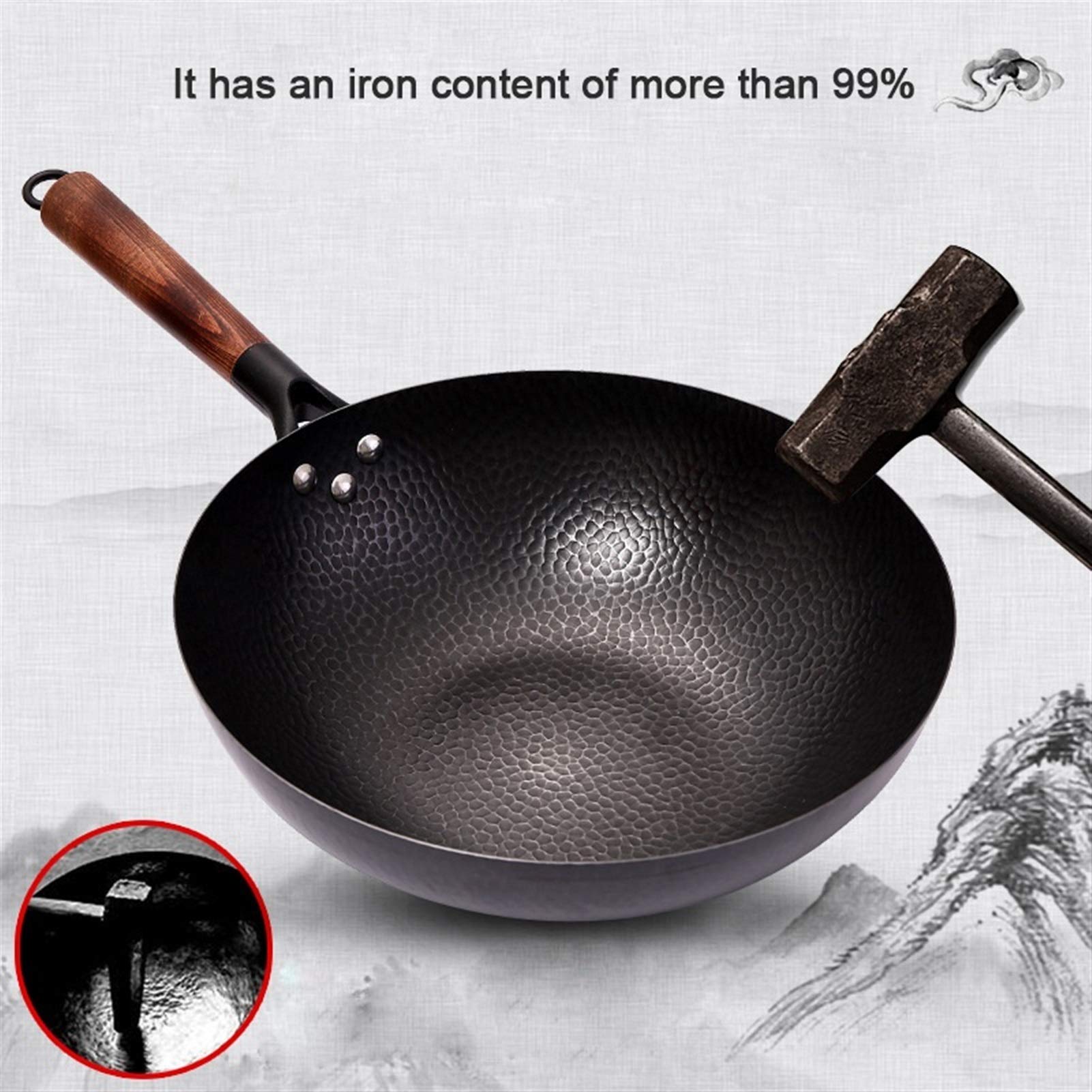 Eisen-Wok-Pfanne aus Gusseisen, nicht beschichteter Topf, allgemeine Verwendung für Gas- und Induktionsherde, 32 cm, chinesisches Wok-Kochgeschirr, Pfanne, Küchenwerkzeuge (Color : Iron Pot) (Iron P