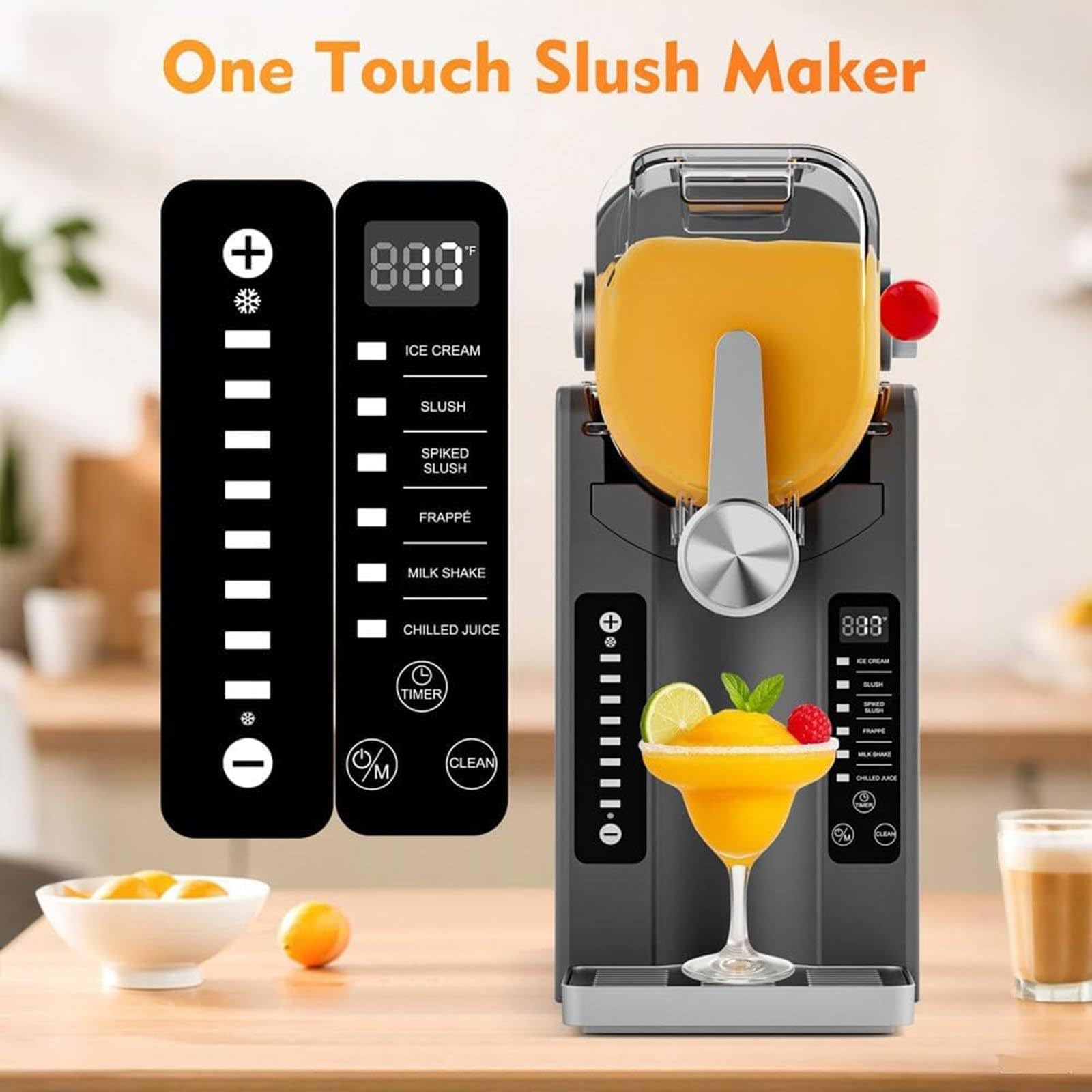 Maszyna do slushie o mocy 200 W, maszyna do slushie do użytku domowego, bez lodu, z wyświetlaczem LED, 1,6 l, rezerwacja jednym dotknięciem i 6 przystawek, 42,5 x 19,5 x 42 cm