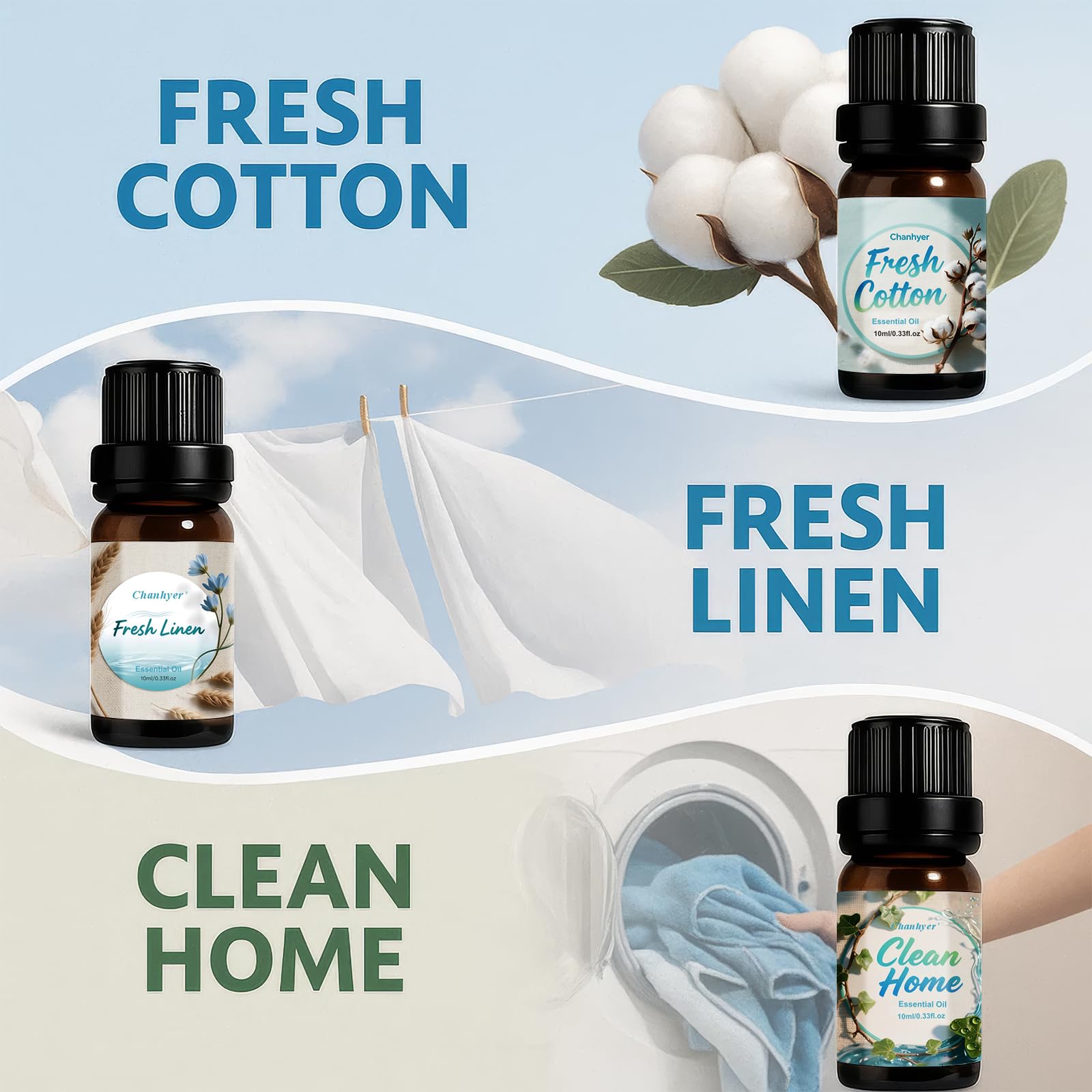 Sauber Clean Fresh Ätherische Öle Set 6 x 10 ml – Duftöl Set für Diffuser/Diffusor, Raumduft & Luftbefeuchter – Frische Wäsche, Baumwolle, Puderduft, Pfefferminze, Sauberes Zuhause & Blütenseife