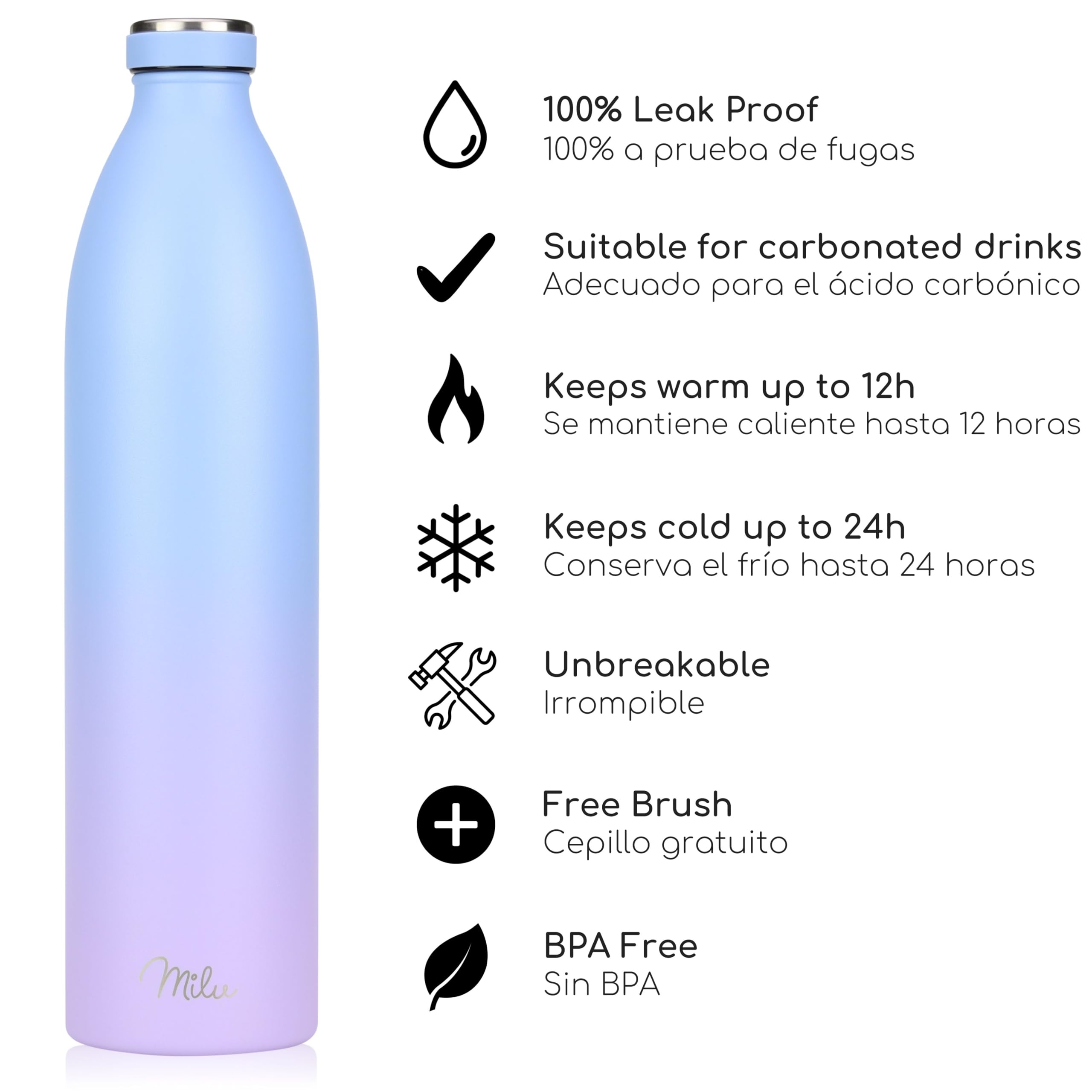 Milu Botella de acero inoxidable de 350ml 500ml 750 ml 1 L 1,5 L botella de agua aislada, termo a prueba de fugas, doble pared, apta para ácido carbónico + cepillo de limpieza (Azul Violeta, 350ml) — view 72