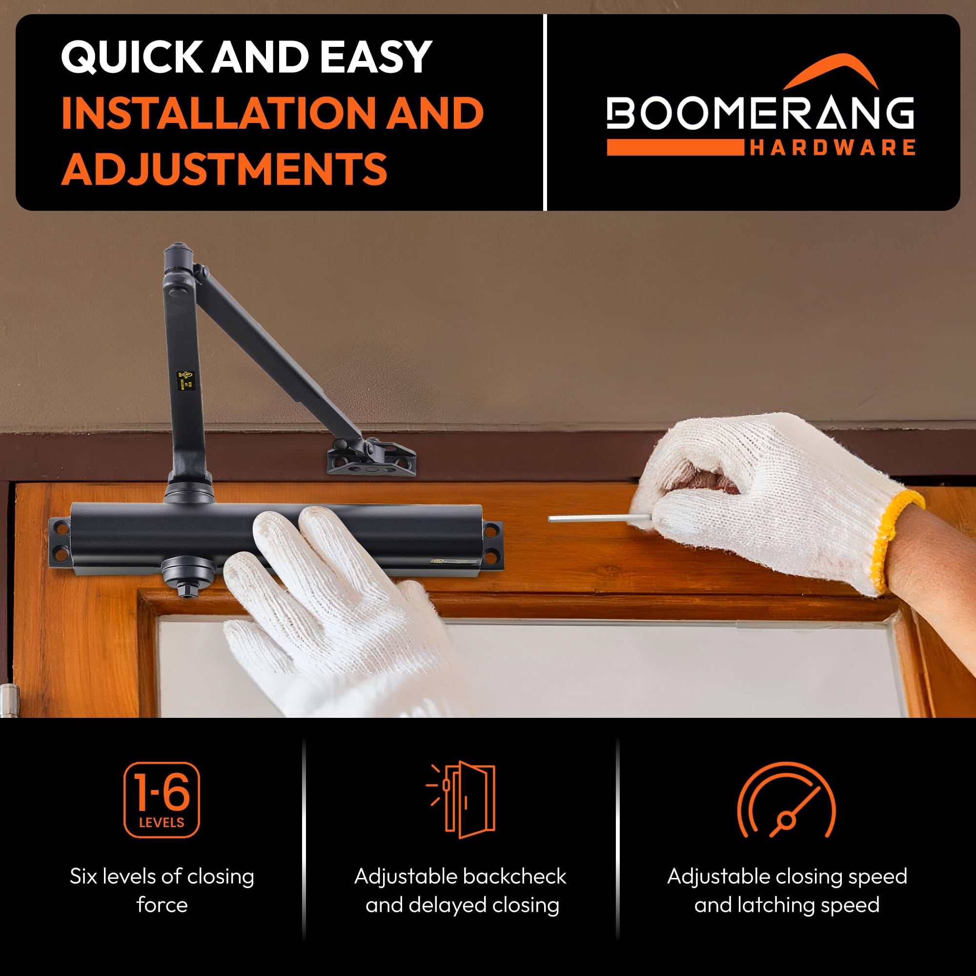 Boomerang Heavy Duty designerski automatyczny samozamykacz do drzwi komercyjnych - D8016 - montowany na powierzchni, klasa 1, odlewane aluminium, klasa ognioodporności UL i ADA do drzwi o dużym