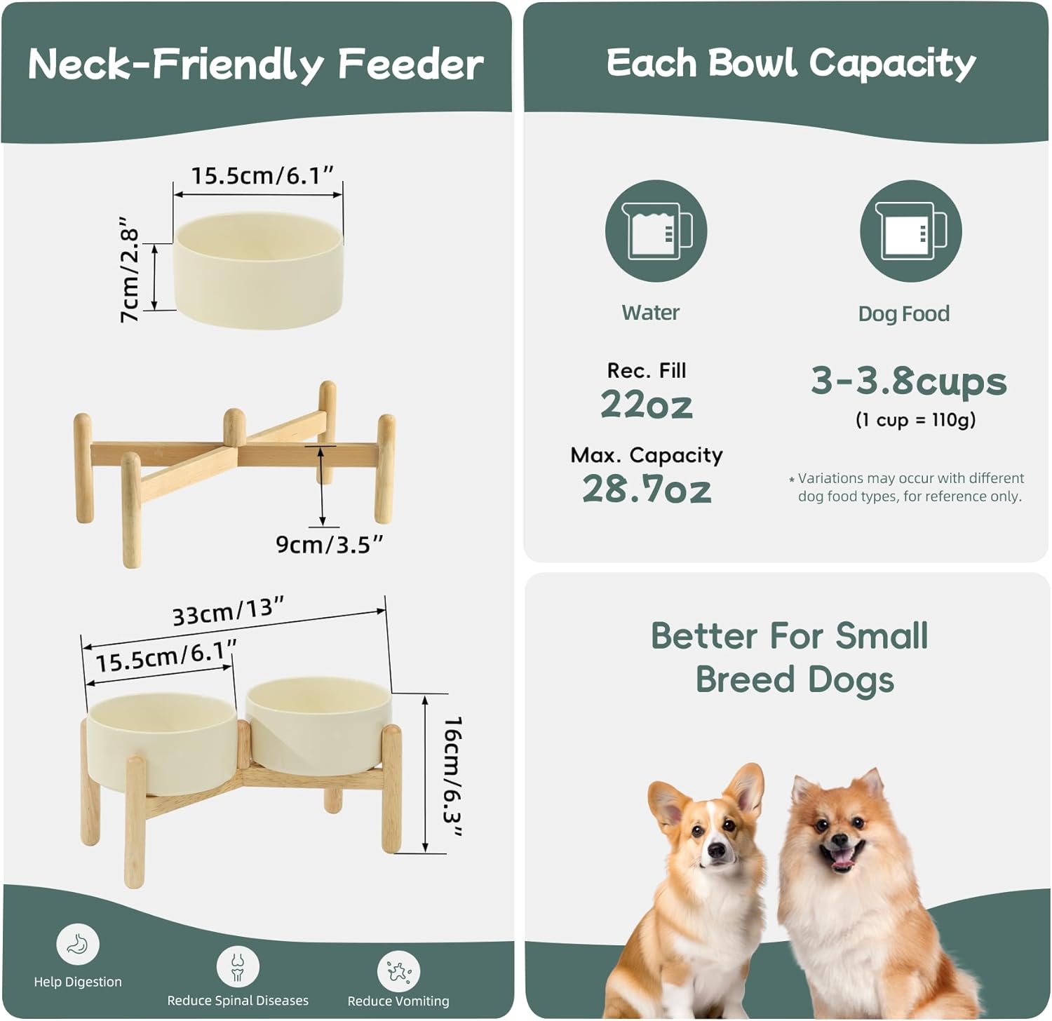 Ceramic 6.1inch Raised Dog Bowl with Stand for Small and Medium Breed Dog Dish Pet Food and Water Bowl (Double Bowl with Stand - Light Yellow, 28oz) 6.1inch 2 Bowls +Stand -Light Yellow