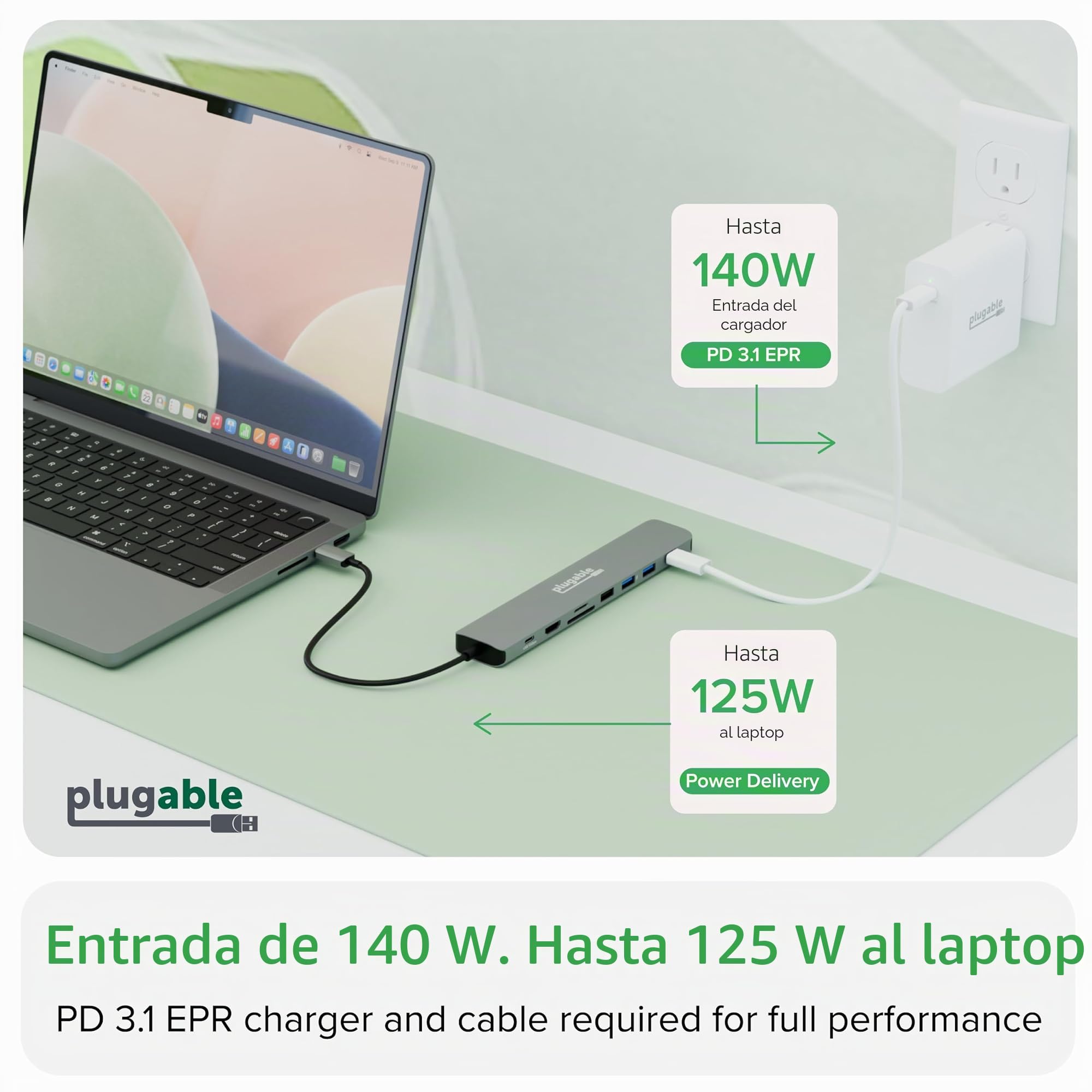 Plugable Hub USB-C 9 en 1 con suministro de energía de 140 W