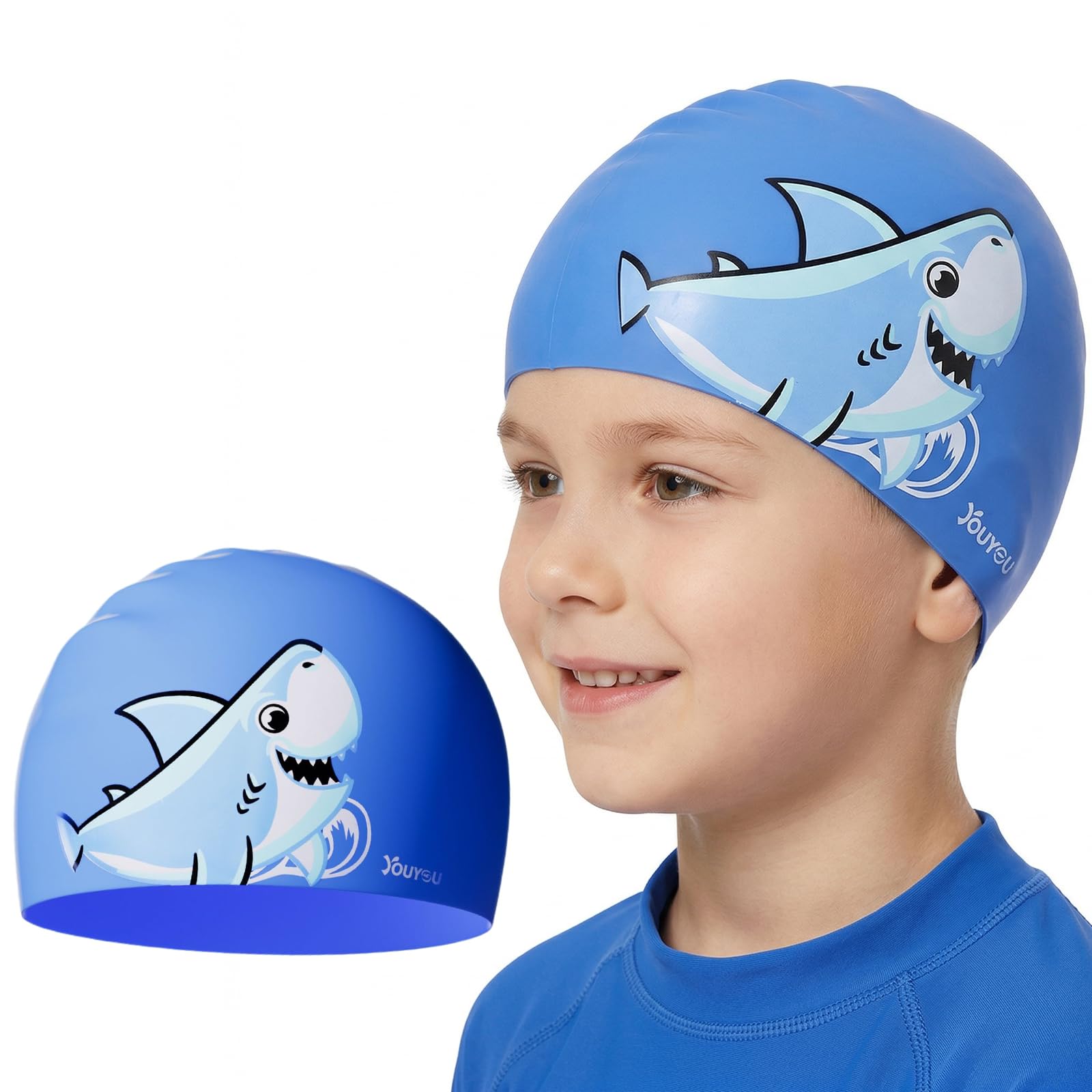 Kids Swimming Cap for 4-13 Years Boys Girls - Waterproof Silicone Swim Hat for Long Hair, Comfortable Anti-Slip Bathing Cap for Swimming Lessons & Pool (Shark)