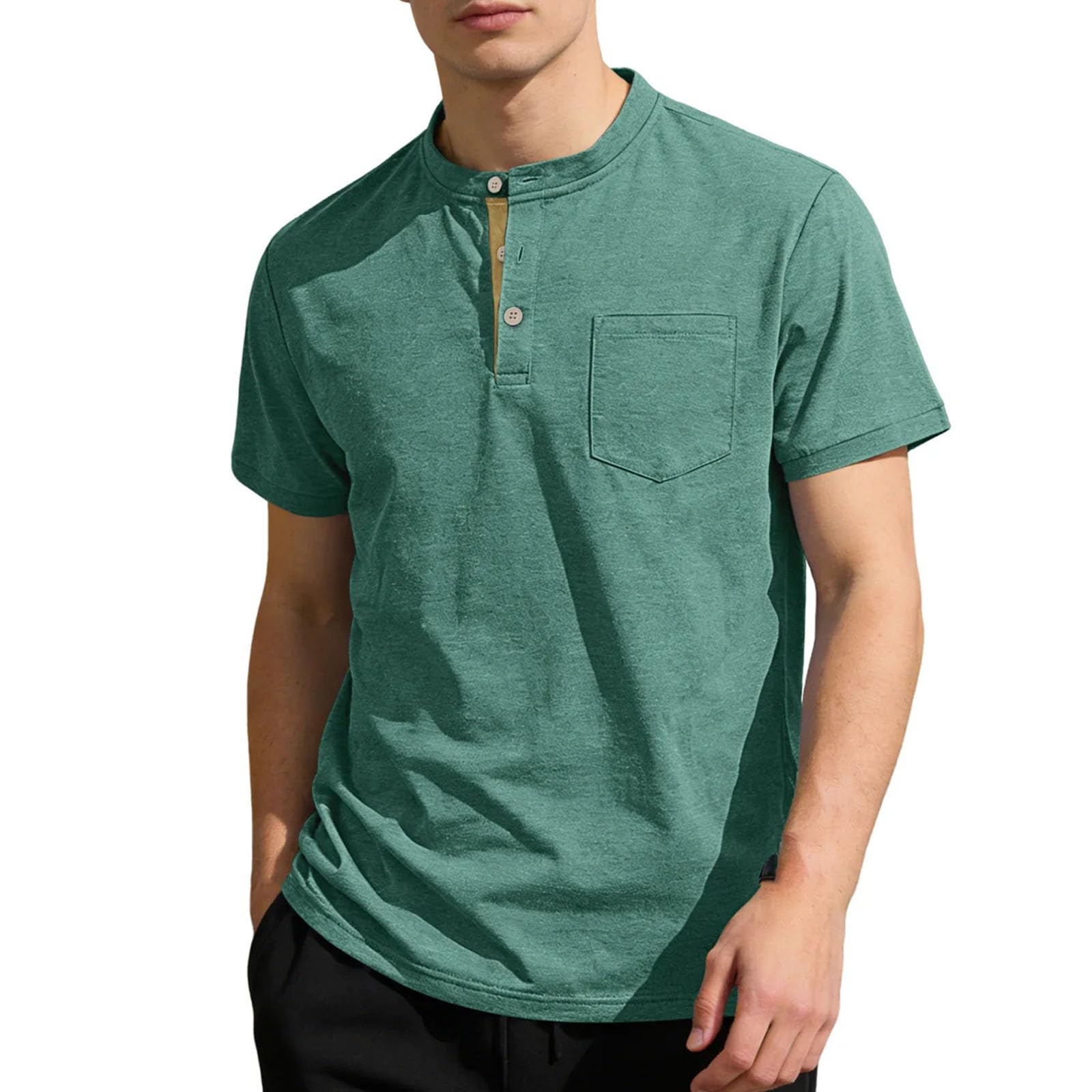 Camiseta de manga corta con botones de color puro para hombre, 80 % algodón, 20 % lino, cómoda y ajustada, para uso diario