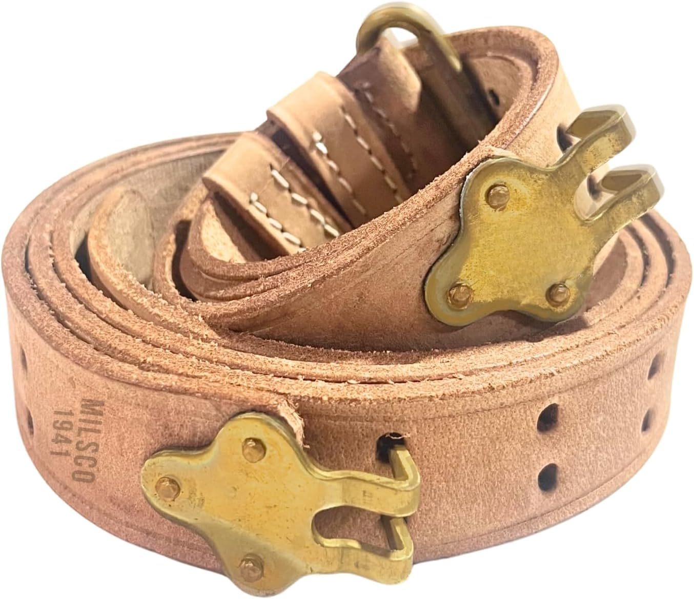 warreplica US Springfield WWI 1907 Pattern Natural Leather Sling with Brass Fittings - Authentic Marked Reproduction for M1903 M1 Garand - Premium Military Rifle Strap for World War I Reenactment Gear