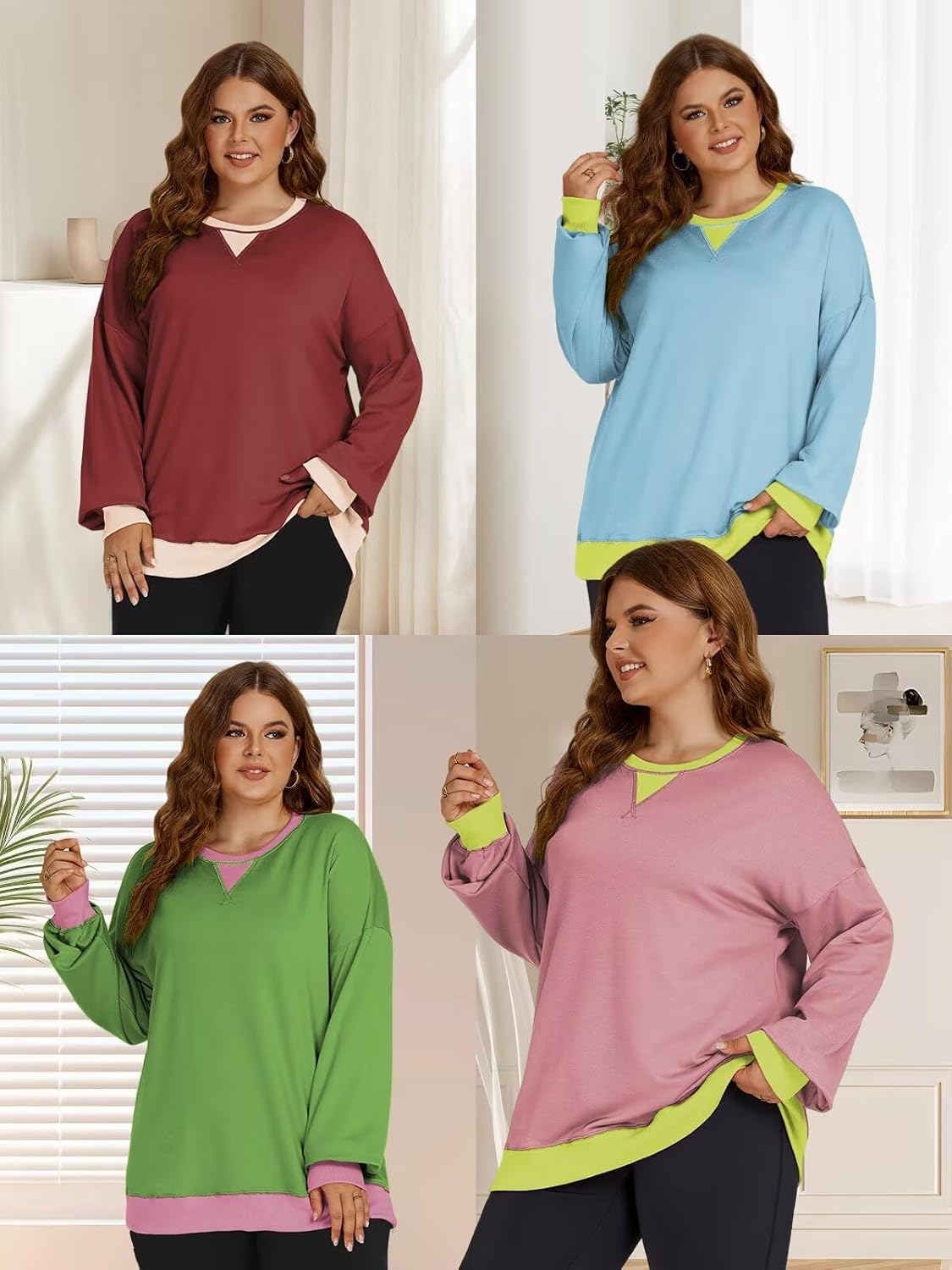 VOGRACE Womens-Plus-Size-Sweatshirts Casual Oversized Pullover Tops Crewneck Long Sleeve Color Block Tunic Outfits - Image 4