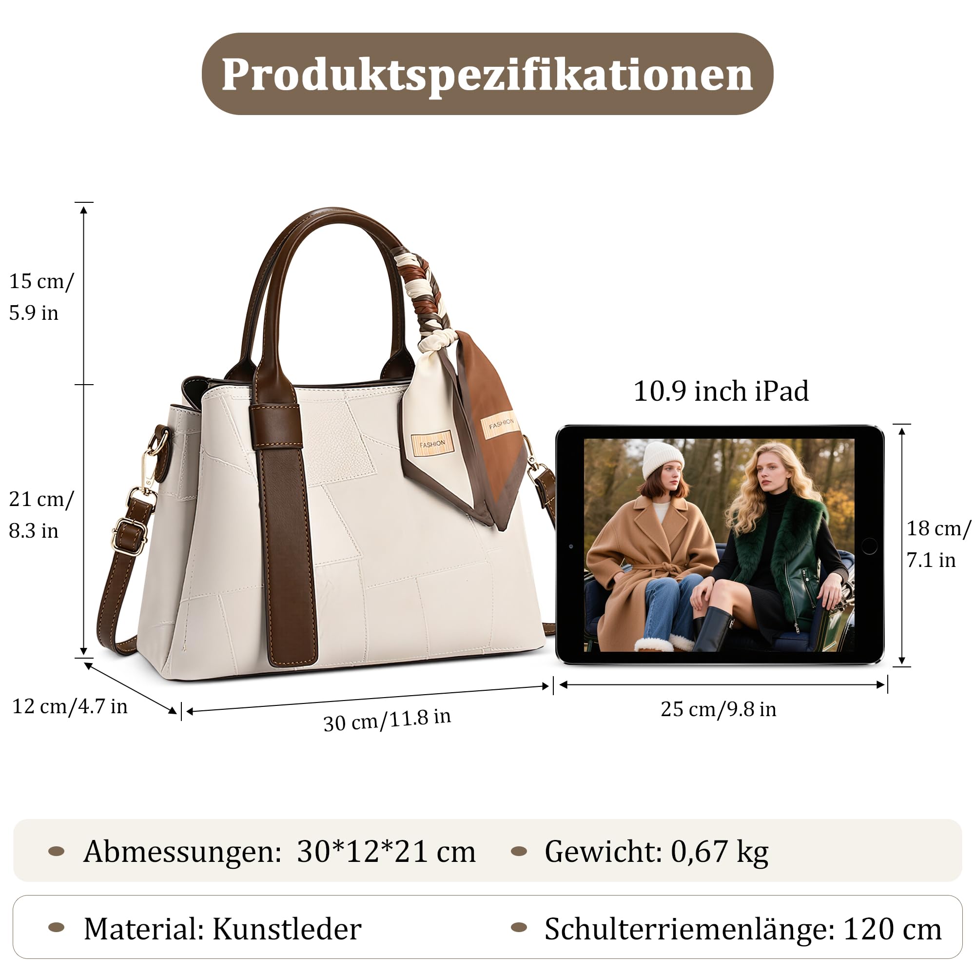 Handtasche Damen Henkeltaschen Modische Patchwork-Textur Umhängetasche PU Leder Schultertasche für Reisen Einkaufen Pendeln Weiß