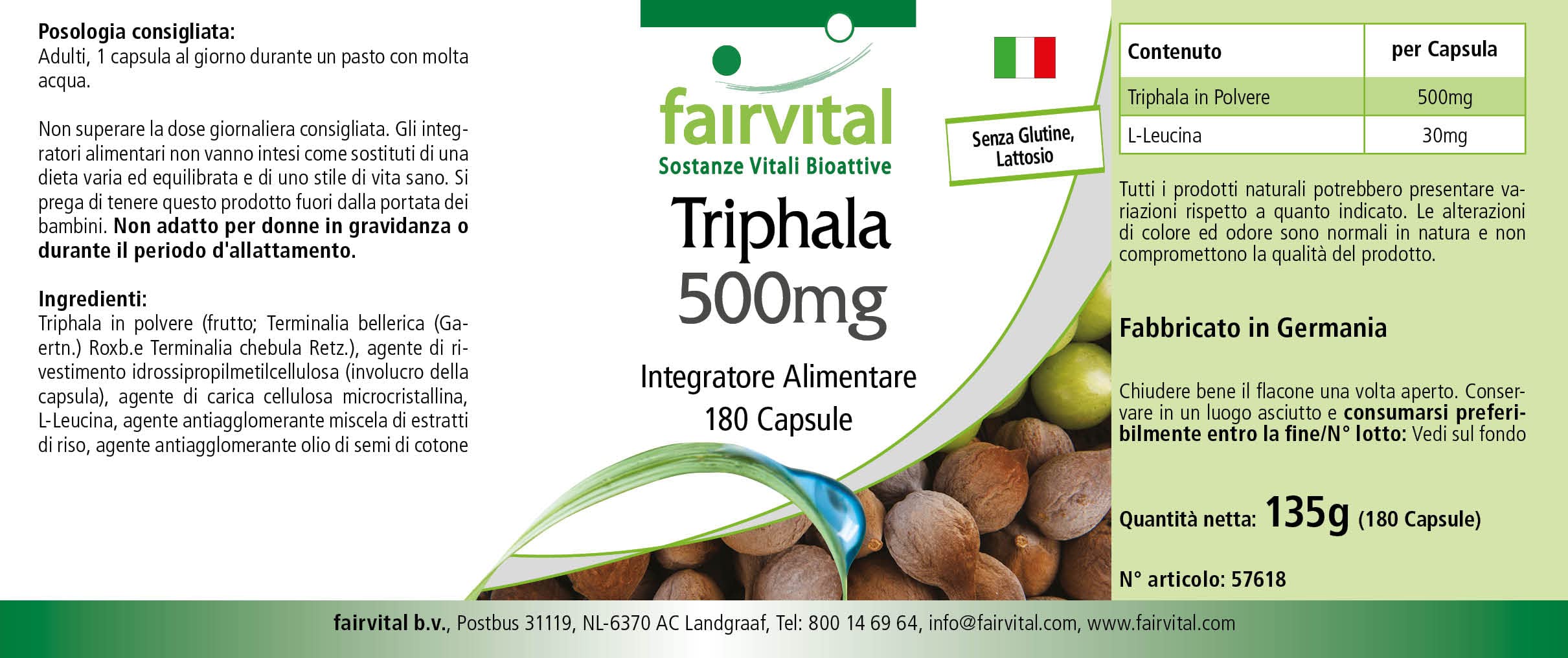 fairvital Triphala 500 mg, 180 capsule vegane, tripla frutta ayurvedica, Amalaki, Haritaki, Bibhitaki, qualità testata e ad alto dosaggio, Made in Germany