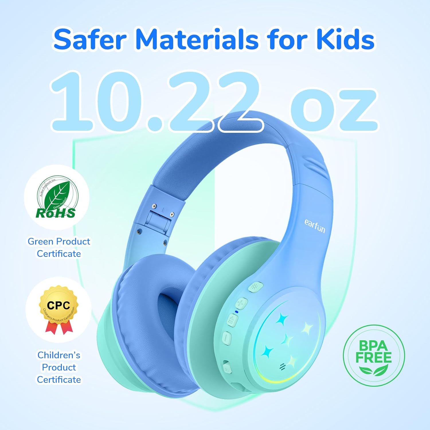 EarFun K4 headphones with ROHS and CPC certifications, indicating BPA-free and safe materials