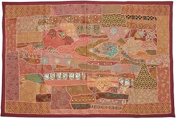 نسيج معلق على الحائط مزخرف منزلي تقليدي مع الزاري والتطريز والترتر والترقيع، 40 &times; 60 بوصة مارون