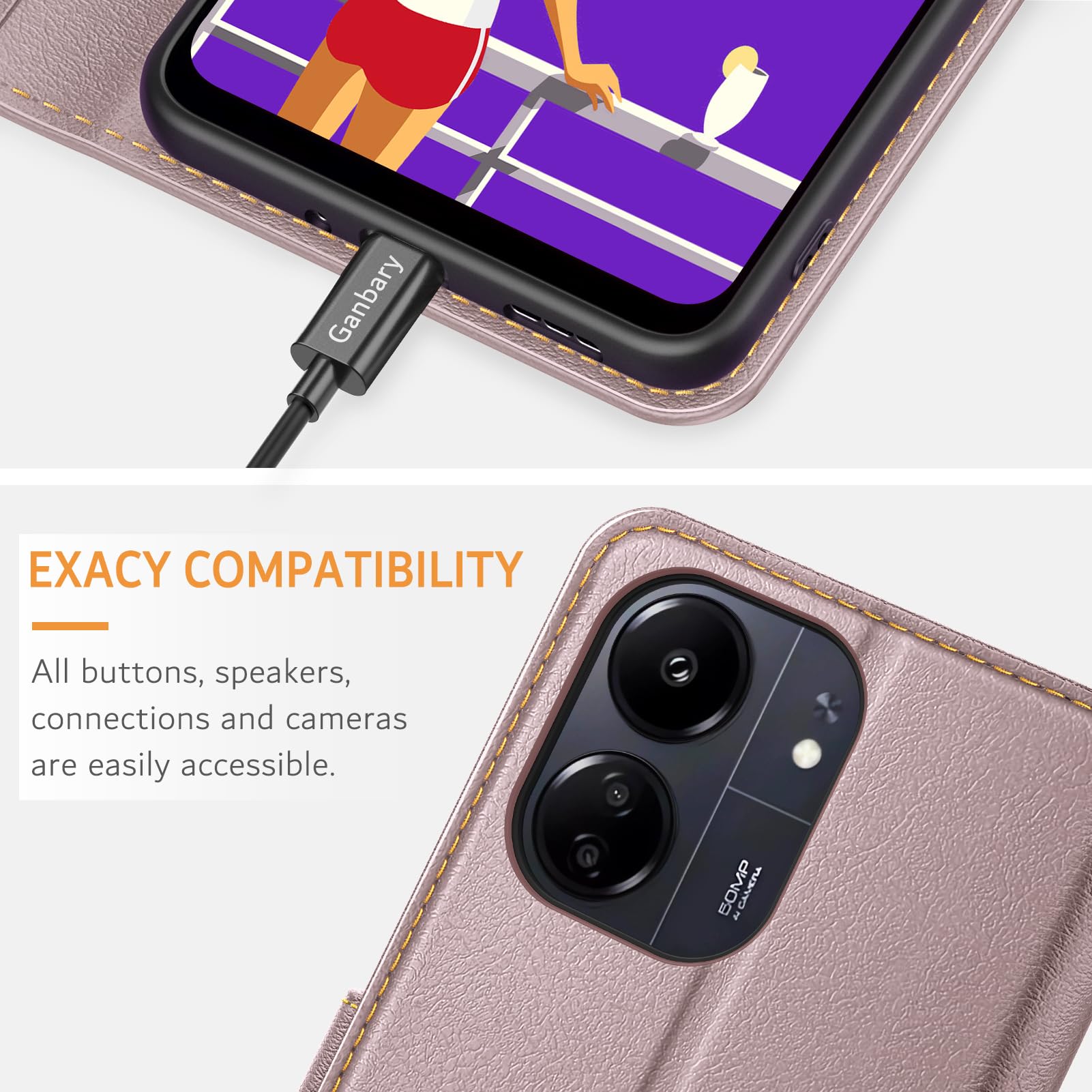 Ganbary Etui do Xiaomi Redmi 13C / Poco C65, [Etui ze skóry PU Premium] [Etui z klapką], etui ochronne do Redmi 13C / Poco C65 - różowe złoto