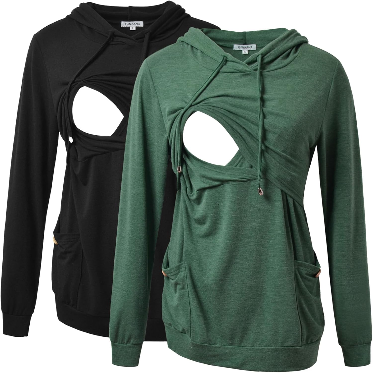 GINKANA Womens Nursing Hoodie Top Sweatshirt Long Sleeve Button Decoration Pockets Shirts Tunic Top