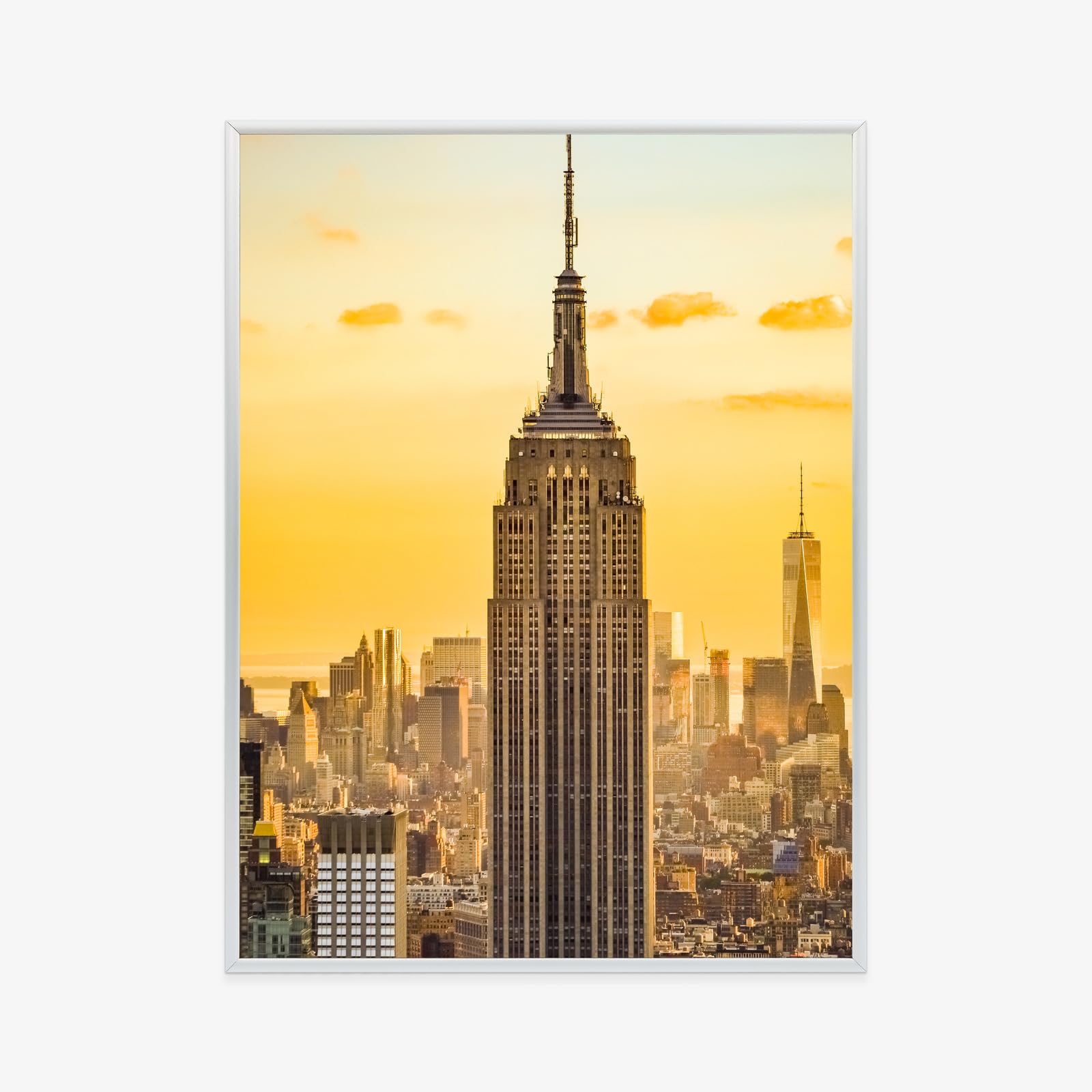 WALLERO Poster New York Top of the Rock al tramonto con Cornice in Alluminio Argentata – Decorazione Moderna da Parete e Stampa Artistica | Decorazione per Soggiorno, Camera da Letto 30x40