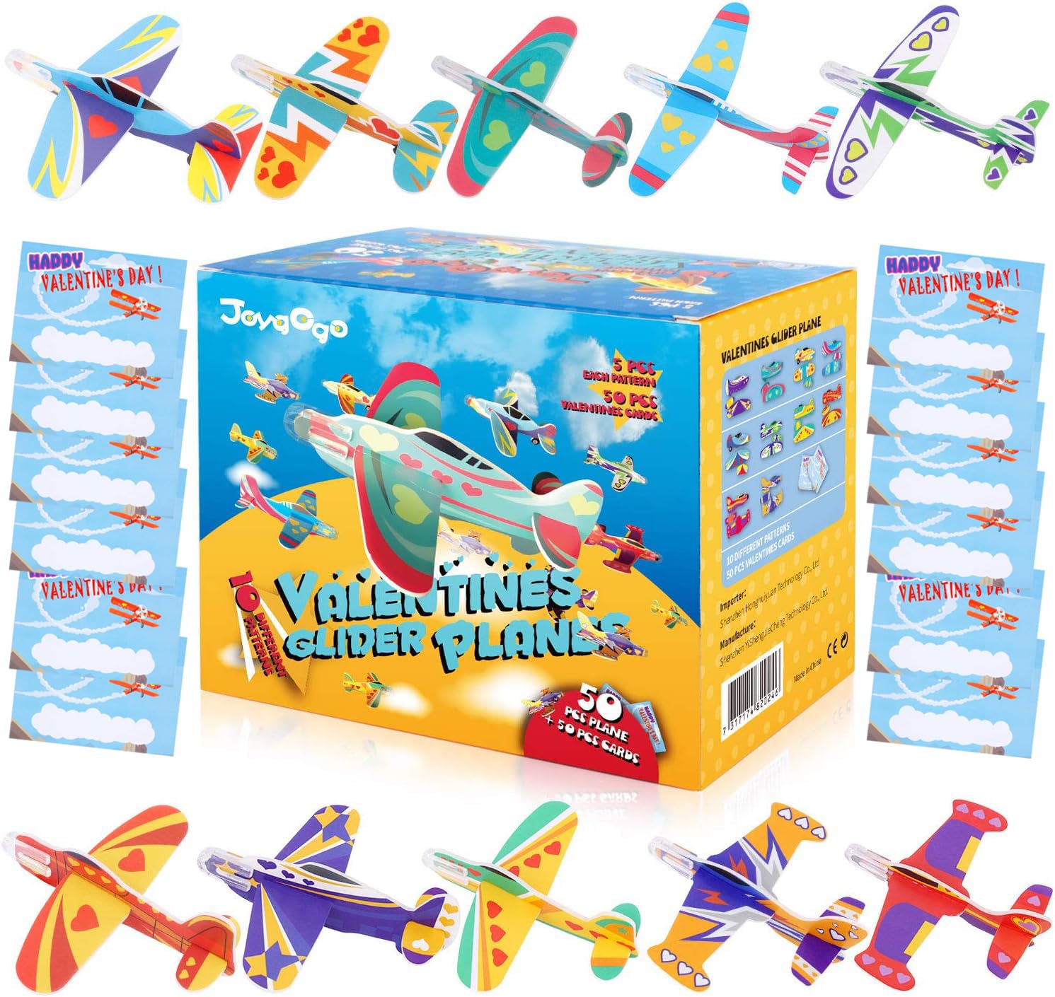 JOYGOGO 50 Pack Foam Airplanes and Valentine Cards for Kids, Classroom Gifts, Party Favors, Treats for School