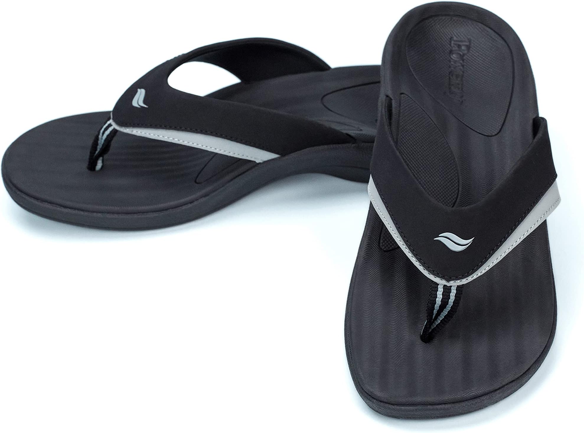 Powerstep Men's Arch Support Orthotic Flip Flop Sandals with Shock Absorbing Sole, Lightweight Non-Slip Tread, Black, 13