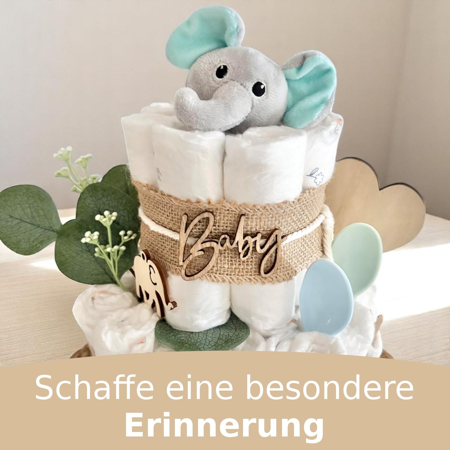 Windeltorte mit Elefant Schnuller Socken und mehr, Babytorte für Babyparty Babyshower, Namen personalisierbar für Junge & Mädchen, Geschenk zur Geburt, Babypinkeln Baby Neugeboren Geschenk Windeln