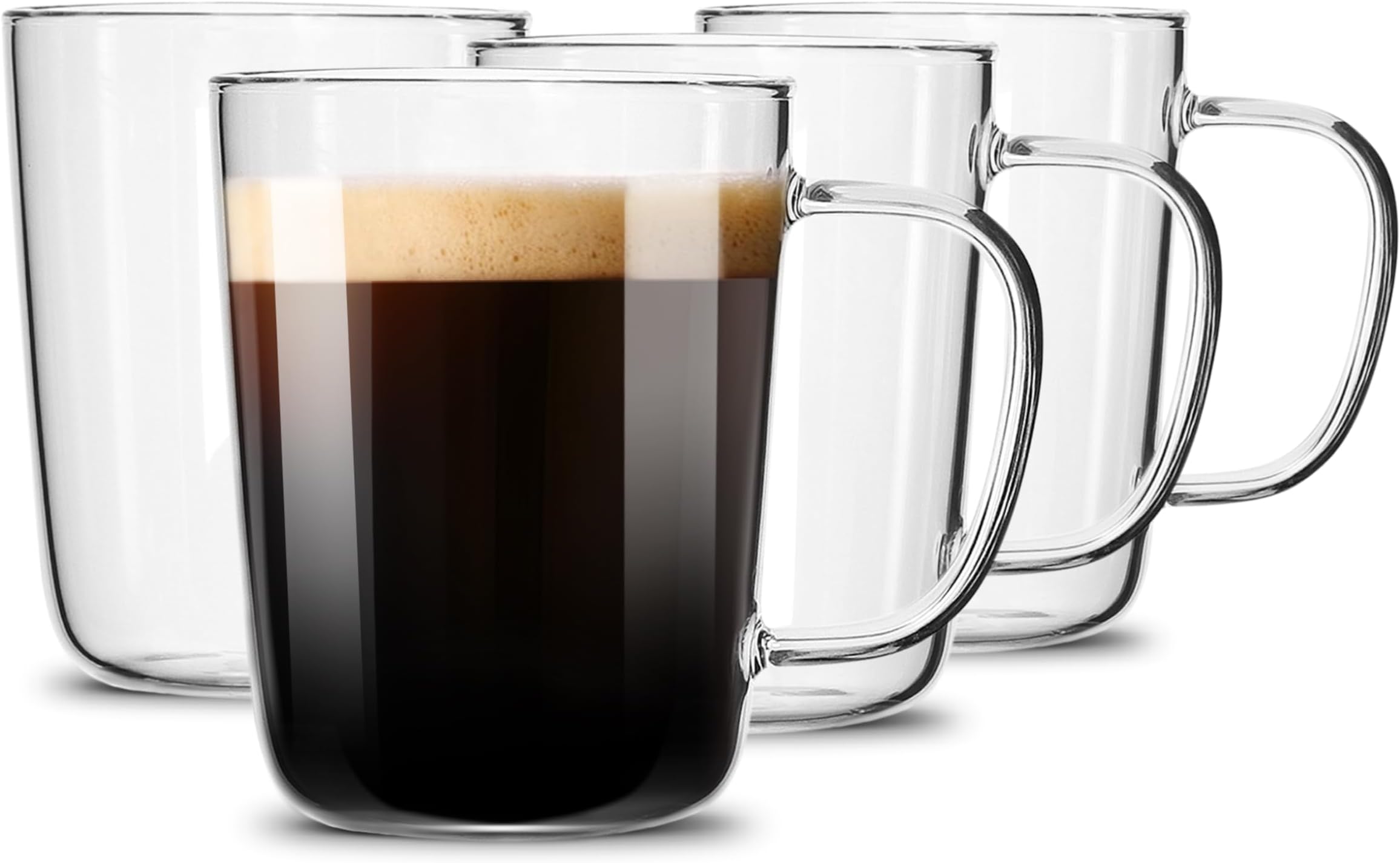 Glass Coffee Mugs(Set of 4)-17 oz,Clear Beer Mugs,Glass Tea Cups with Comfortable Handle,Lead-free Drinking Glasses,Perfect for Latte,Espresso,Juice,Water,Milk or Hot and Cold Beverage