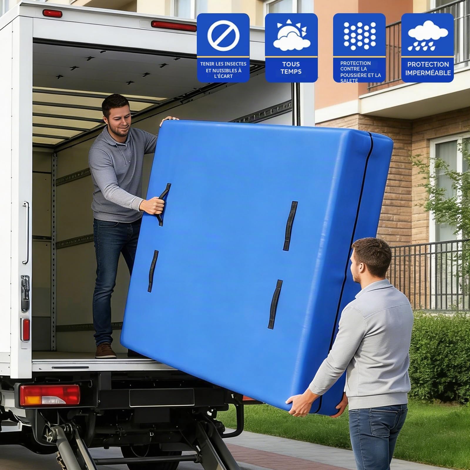 Housse de Déménagement Matelas, Housse de Protection Matelas pour Déménagement et Stockage Imperméable Indéchirable Équipée de 8 Poignées Renforcées et d'une Fermeture Éclair (160 x 200 cm)