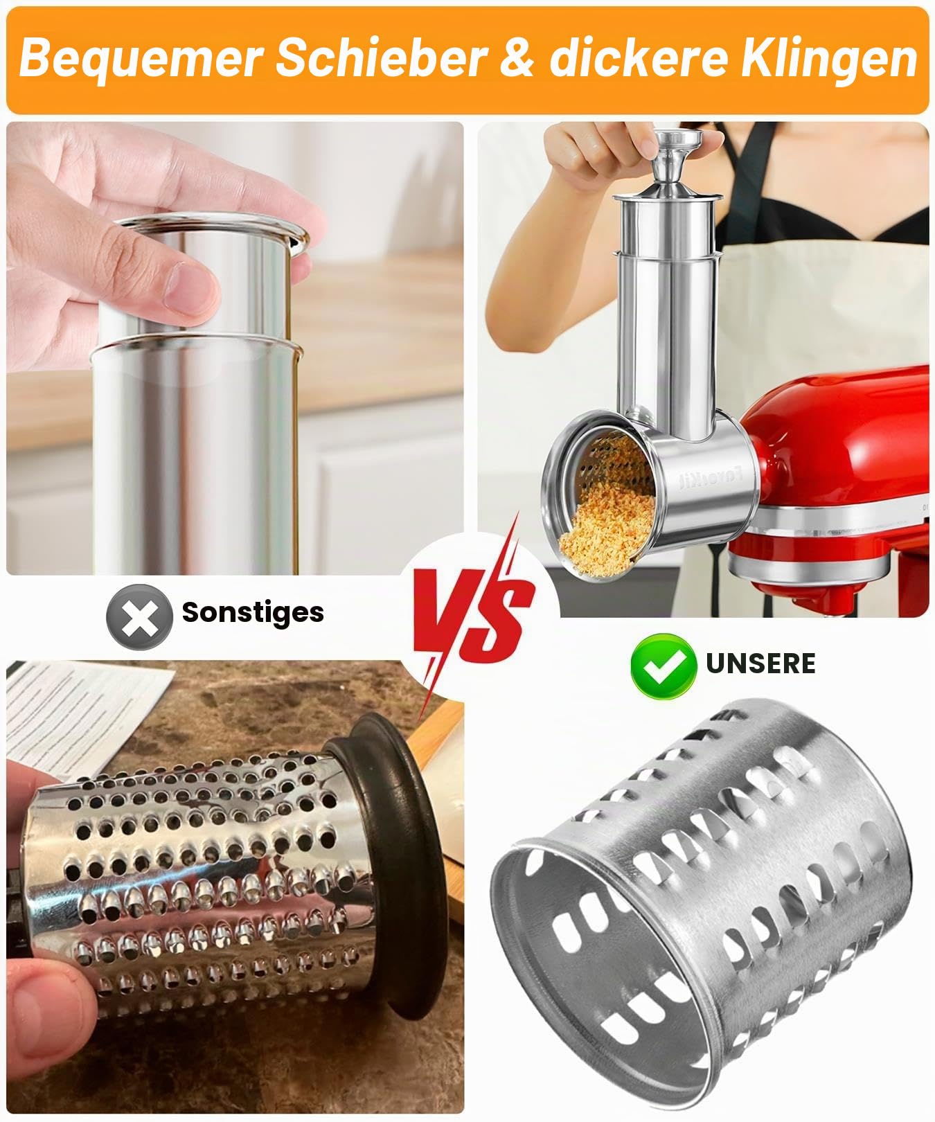 FavorKit Fresh Prep Slicer Shredder Aufsatz für KitchenAid Standmixer, Edelstahl, große Salatmaschine, Käsereibe, Zubehör mit 3 dicken Klingen, spülmaschinenfest