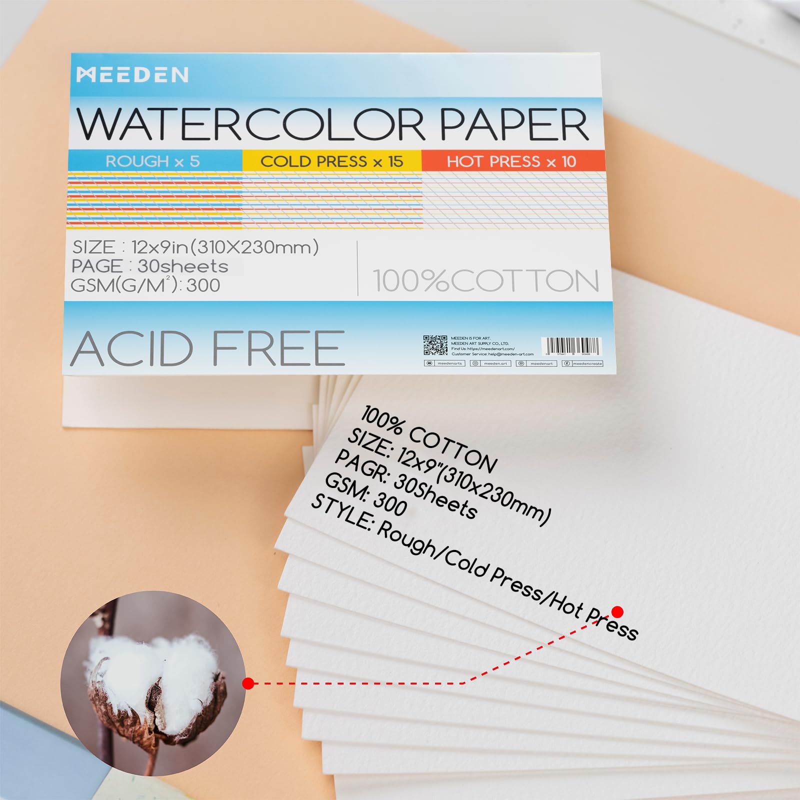 MEEDEN Blok papieru akwarelowego – 3 tekstury, 100% bawełna, 30 arkuszy, 300 g/m², bezkwasowy papier artystyczny do akwareli, gwaszu, tuszu i innych, 23 × 30 cm