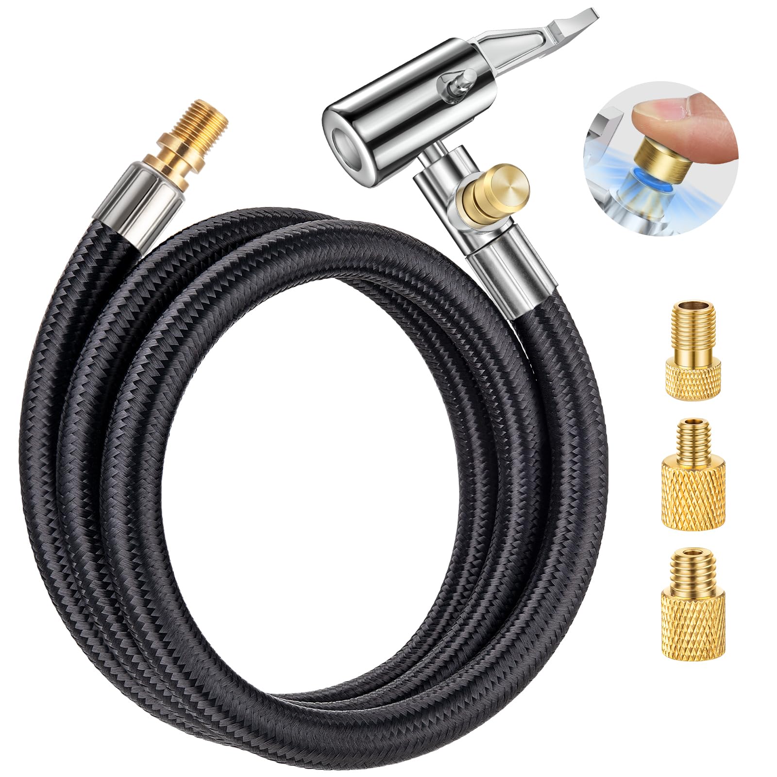 33" Lengthened Tire Inflator Hose Adapter Quick Connect&Release, Lock On Air Chuck w/Schrader Valve Fine Thread&Converting Nuts, Tire Inflator Pump Hose Adapter for Car Motorcycle Bike