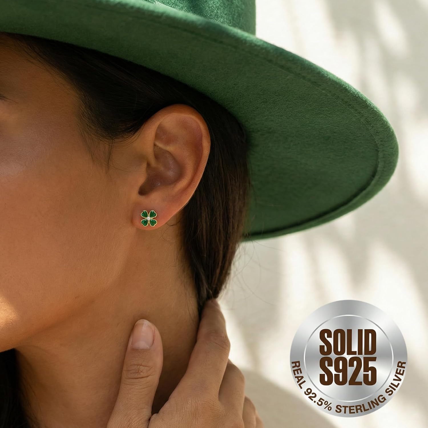 SLUYNZ Solid 925 Sterling Silver Green Clover Earrings Stud for Women Teens Love CZ Clover Stud Earrings for Spring Summer - Image 2