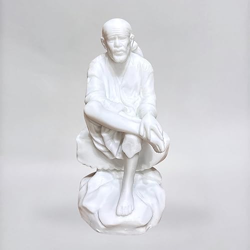 Miniatura 8 de S patnaik Estatua de Sai Baba Murti de polvo de mármol para el hogar Pooja y tablero del automóvil  Sai Baba Idol acabado hecho a mano sentado en