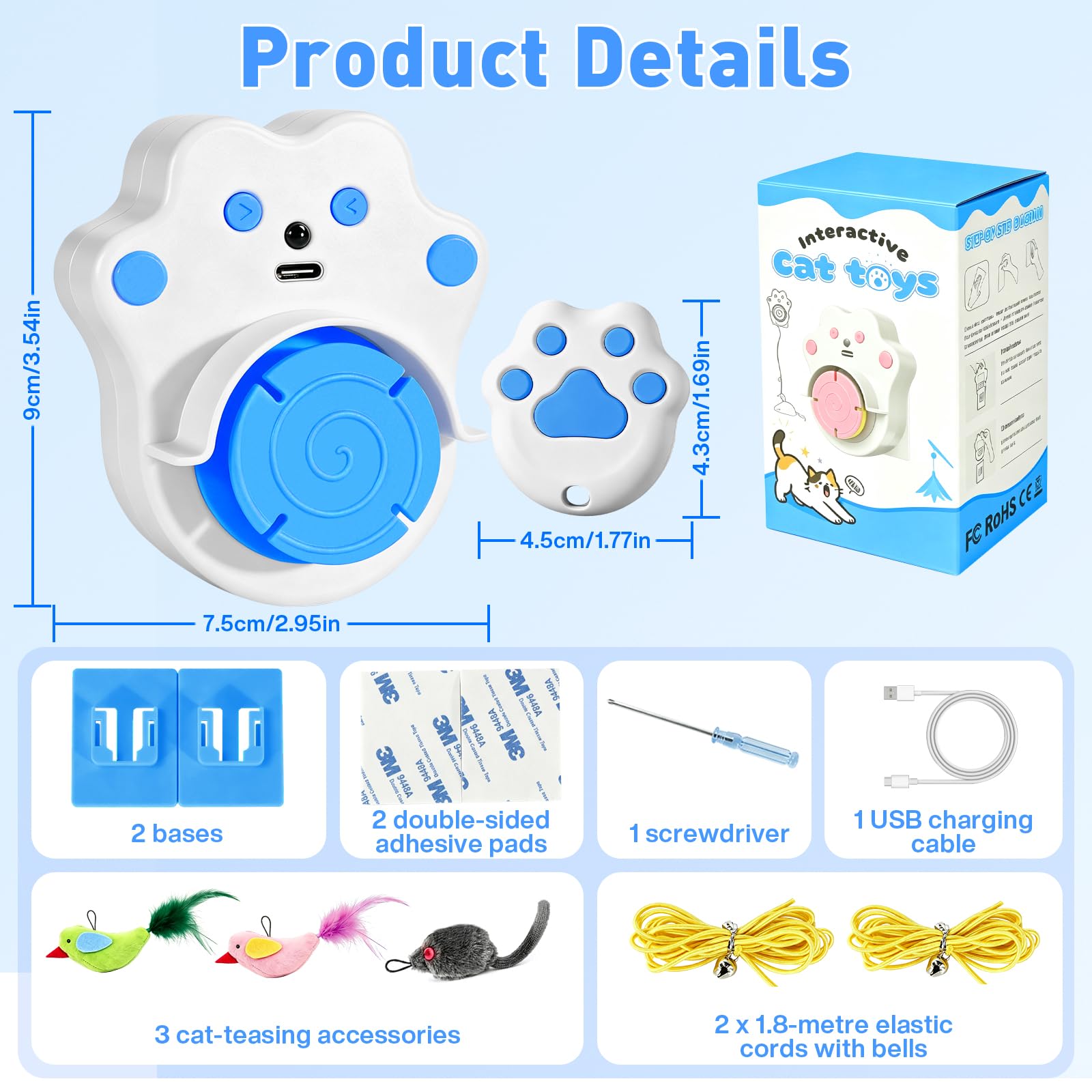 DoubleCare Juguetes interactivos para gatos de interior, juguete automático de plumas de pájaro volador para gatitos aburridos y gatos adultos, manos libres o de mano, azul