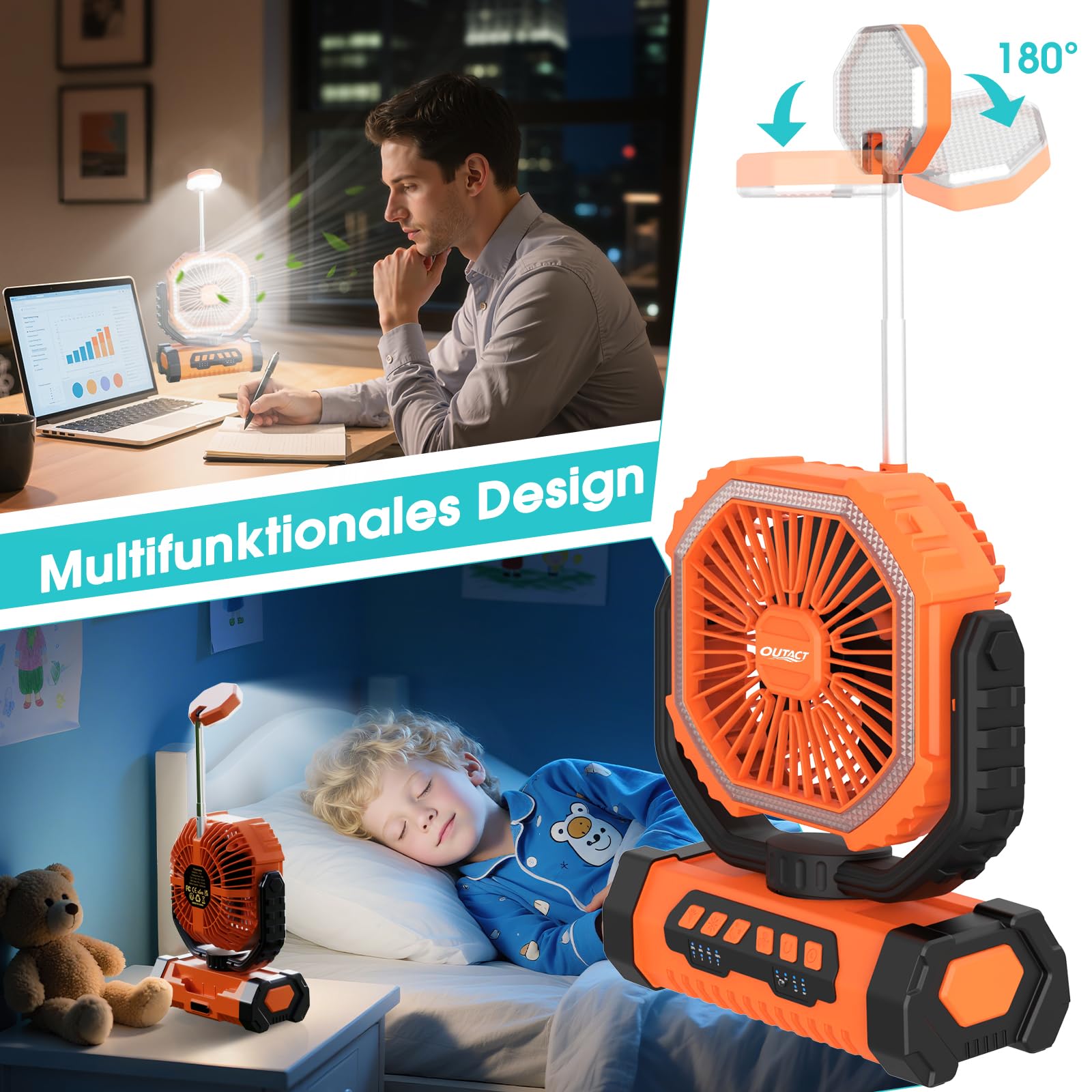 Camping Ventilator 20000mAh, Wiederaufladbarer Tischventilator USB Ventilator mit LED Licht & Haken, 270° Drehung mit Fernbedienung, Camping Fan für Indoor, Outdoor, Zelt, Grillen, Strand - Orange