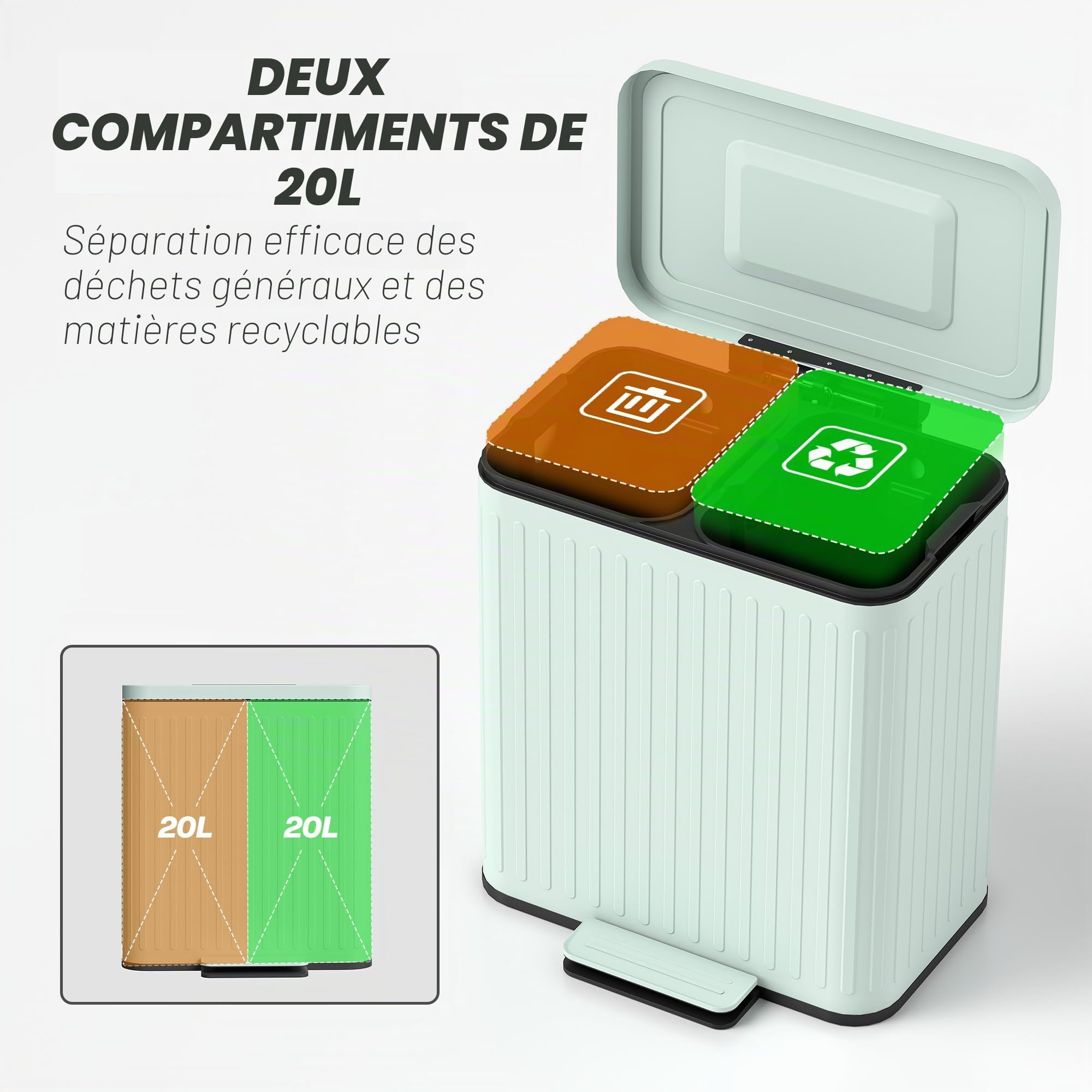 HOMCOM Poubelle double cuisine 2 x 20L pour recyclage et déchets, Vert