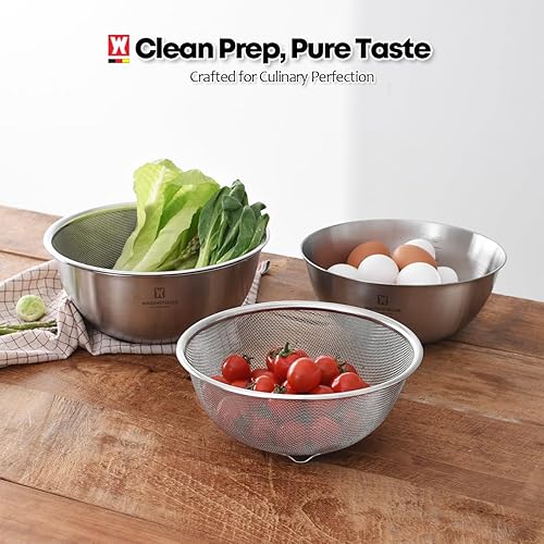 Miniatura 7 de Juego de tazón de acero inoxidable y colador de 3 patas, canasta de cocina multiusos con colador de malla fina, cuenco para mezclar ensalada con