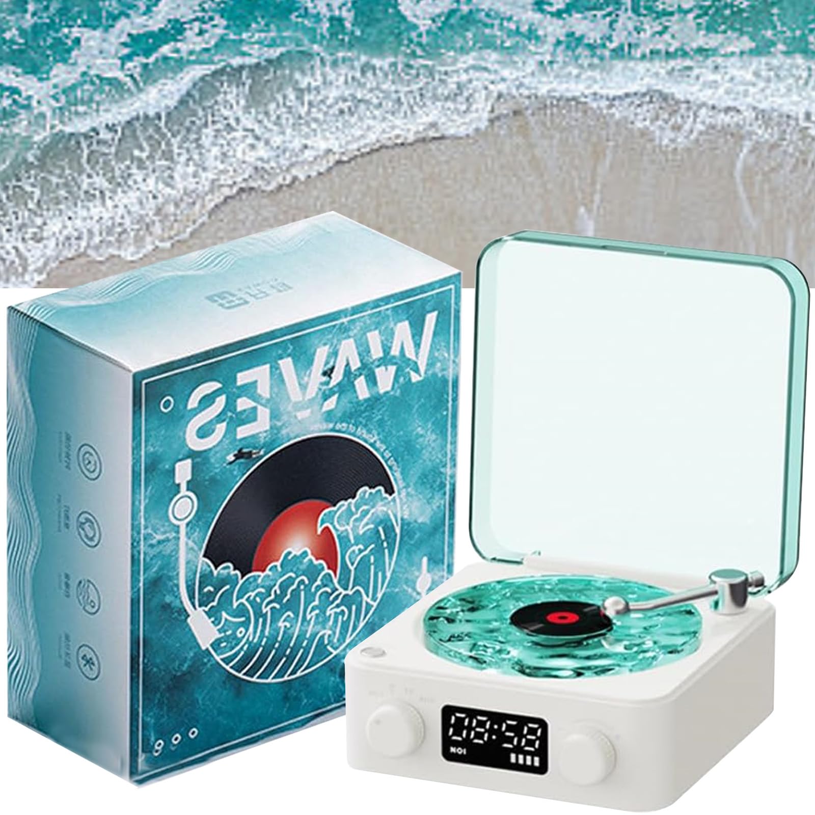 Waves Vinyl Bluetooth Speaker with Three Ambient Lights, Aqua Vinyl Speaker, The Waves Vinyl Player with Adjustable Light and Time for Bedroom, Office, Party, 360° Surround Sound