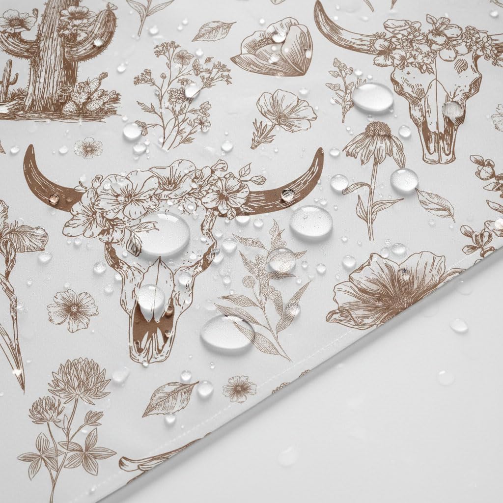 Western Cow Skull Shower Curtain, Brown Rustic Country Farmhouse Tribal Abstract Wildflower Shower Curtains, West Desert Cactus Plant Cow Print Bathroom Curtain Decor with Hooks 72Wx84H